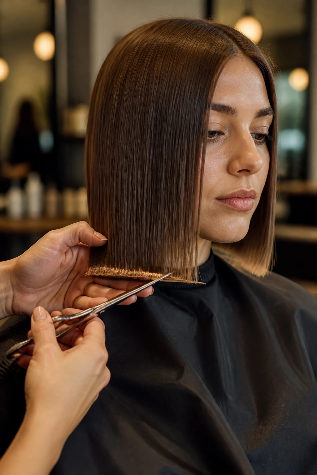 Real client getting a trim to keep a straight lob crisp between visits in a modern salon