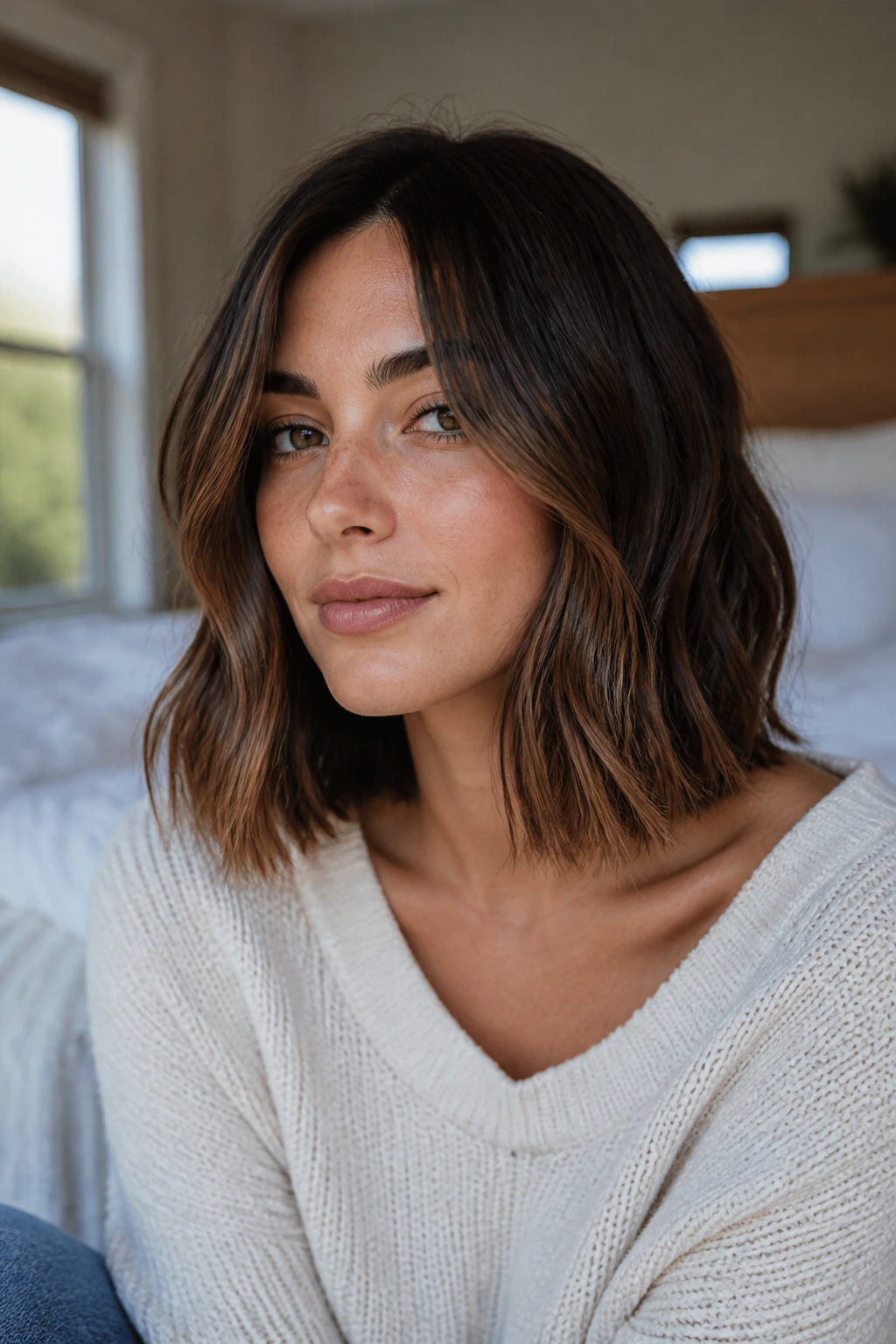 Close-up of a real person with a blunt lob at collarbone length and slight wave