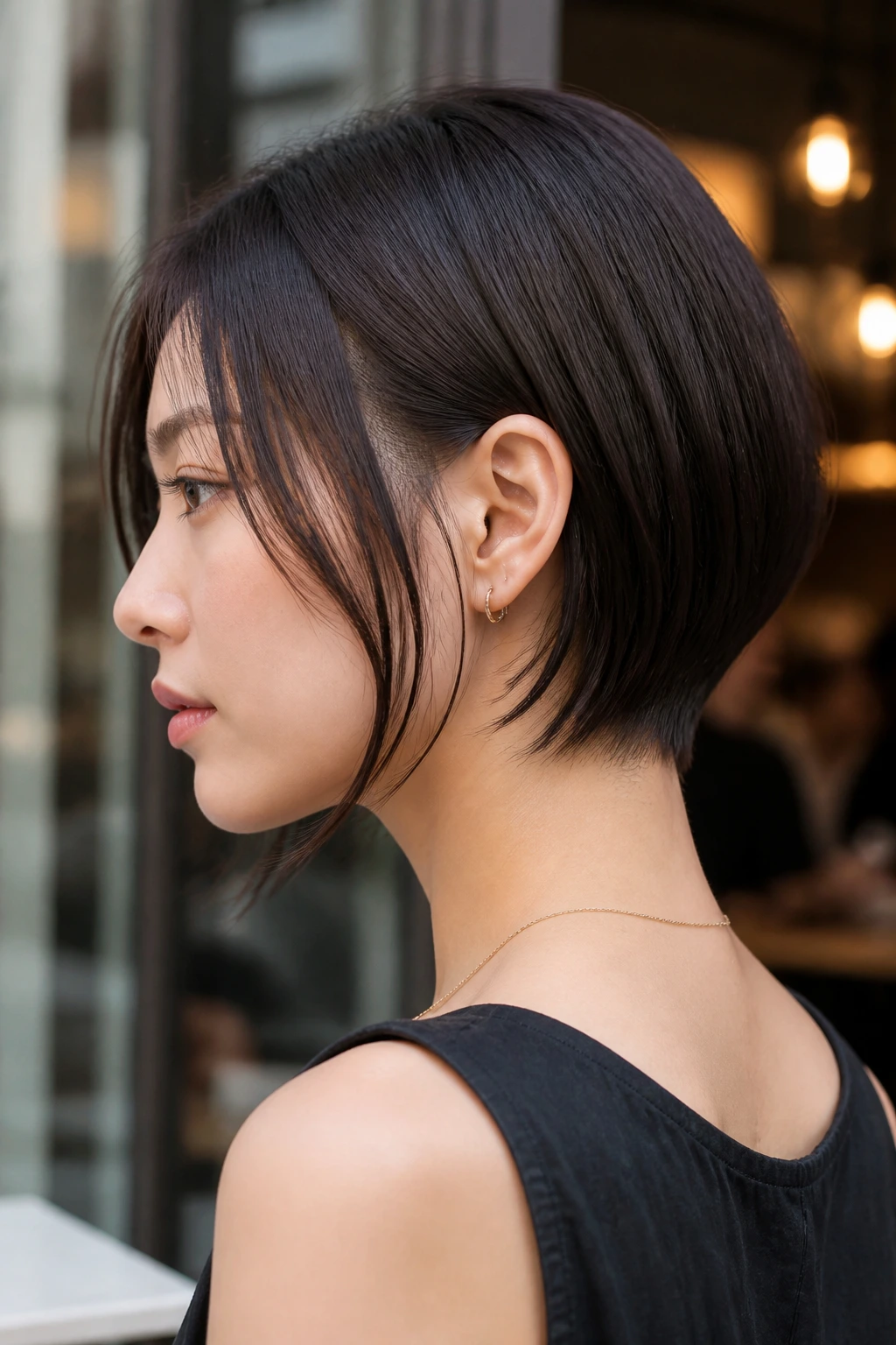 Side view of a real woman with a lob and nape taper.