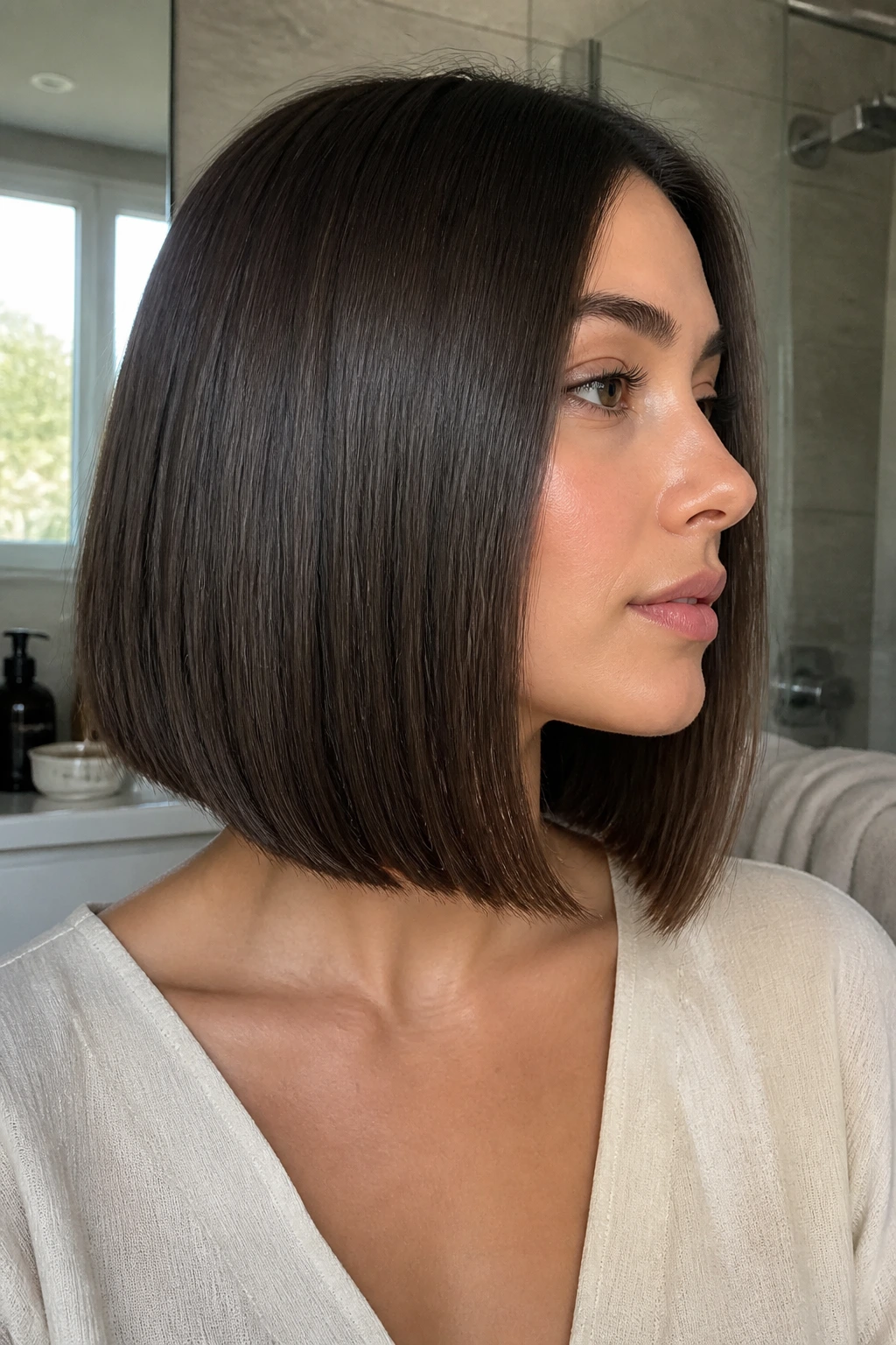 Close-up side profile of a real woman highlighting lob perimeter on straight hair
