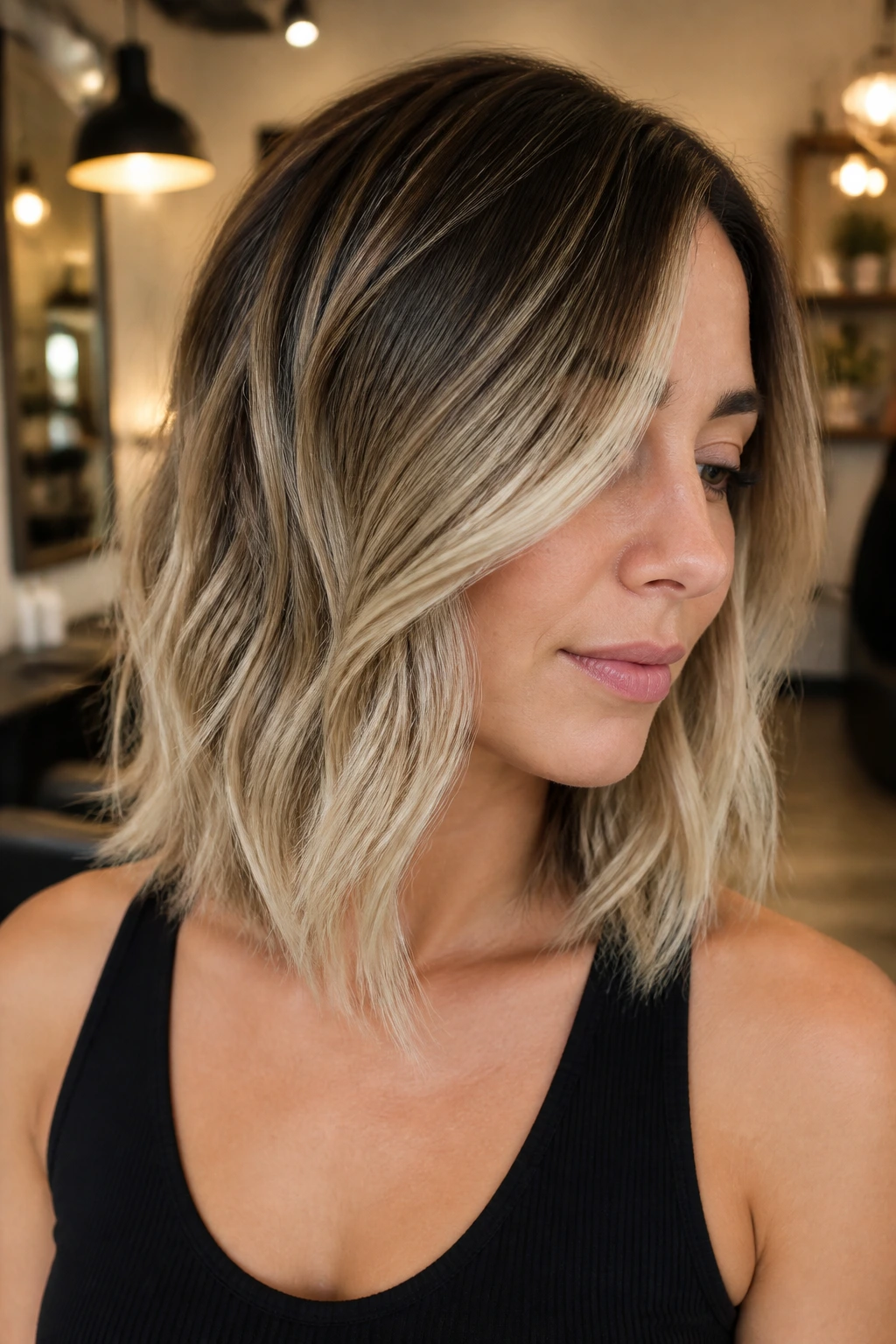 Close-up portrait of a real person with lob and rooty blonde balayage in a salon