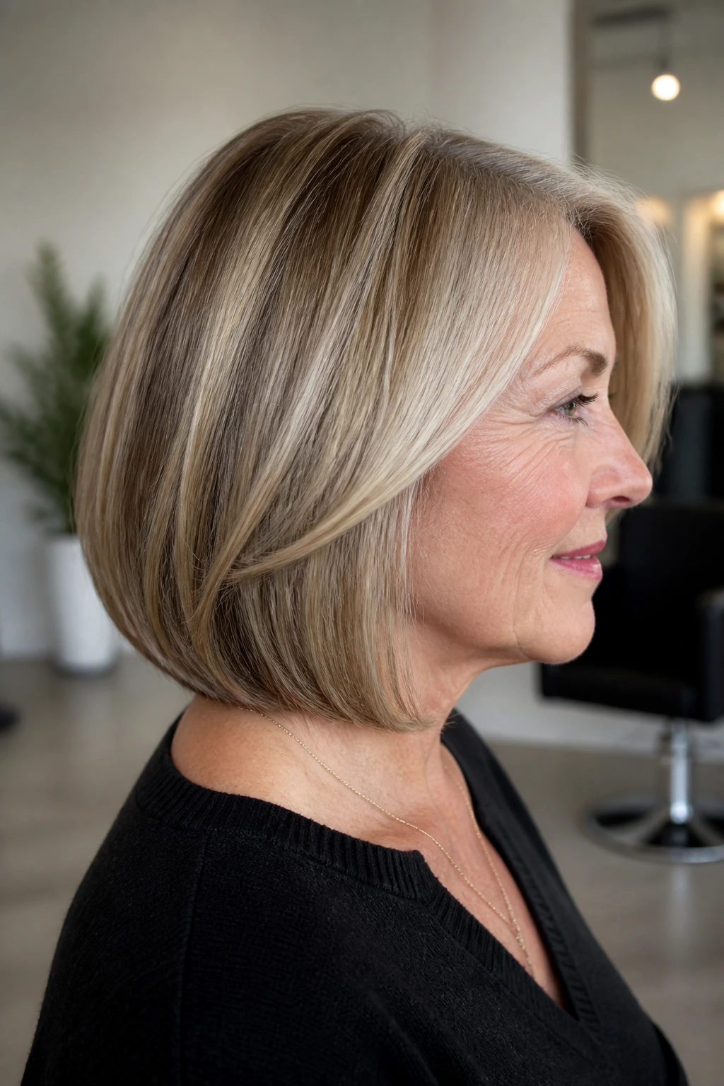 Profile portrait of a real woman with a lob in a salon