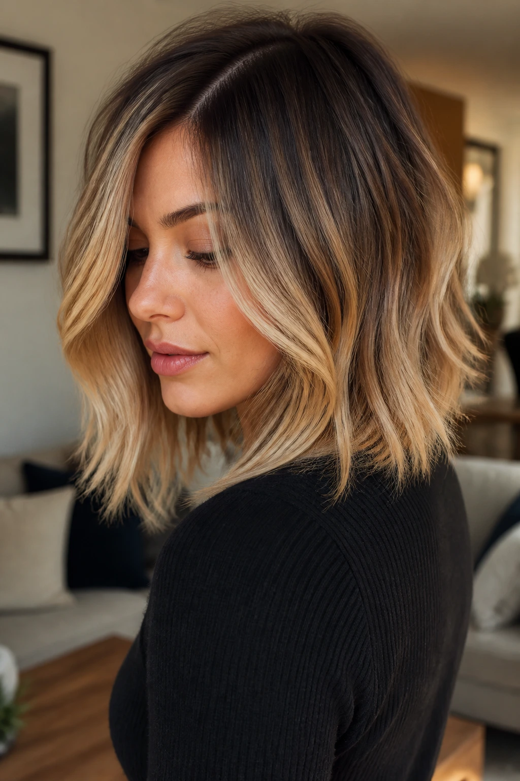 Close-up of a real woman's lob with shadow roots and subtle root melt