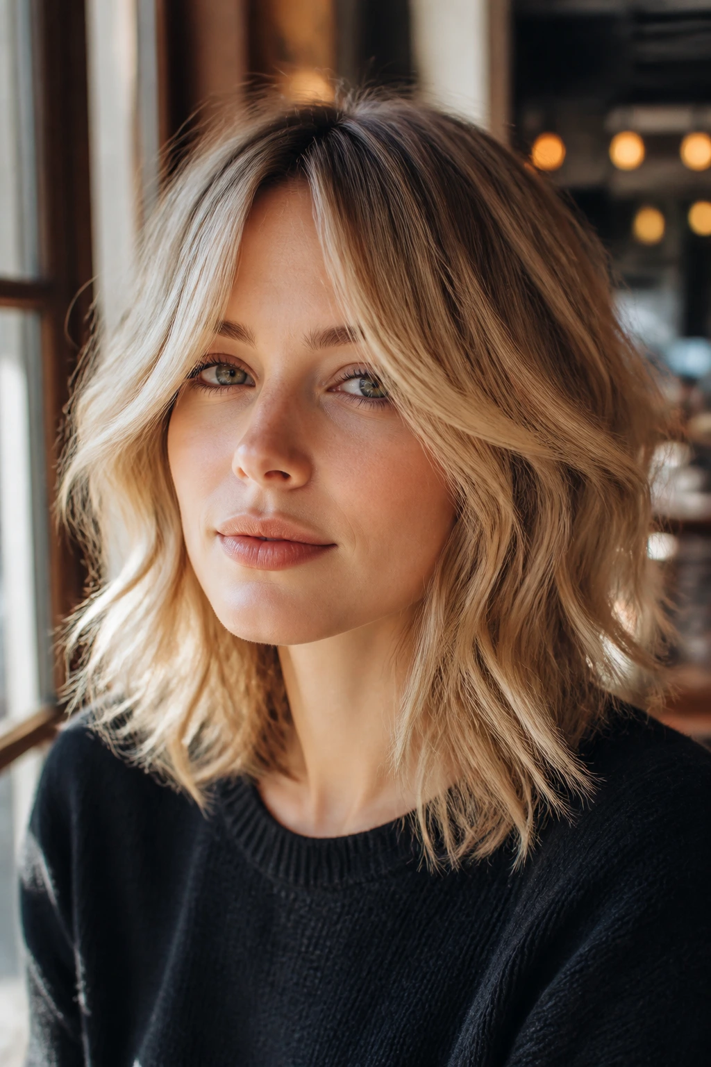 Close-up portrait of a real woman with Lob Shag and center-opening bangs