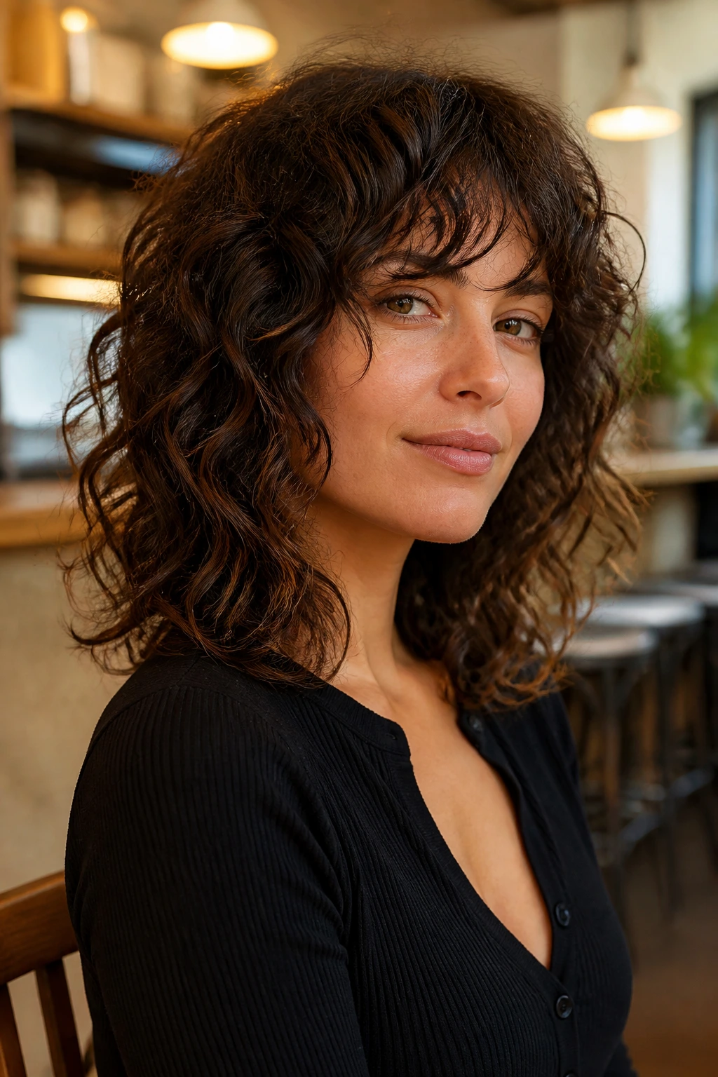 Medium close-up of a real woman with shoulder-length lob and choppy ends