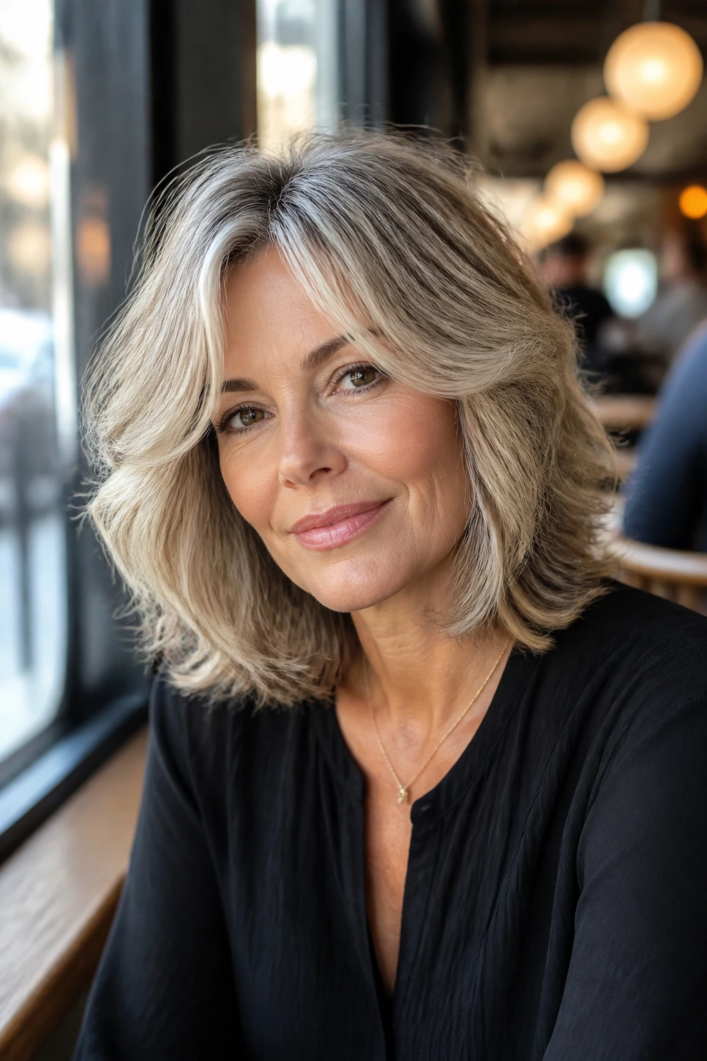 Medium-close portrait of a woman with lob shag featuring a face-framing bend in soft daylight