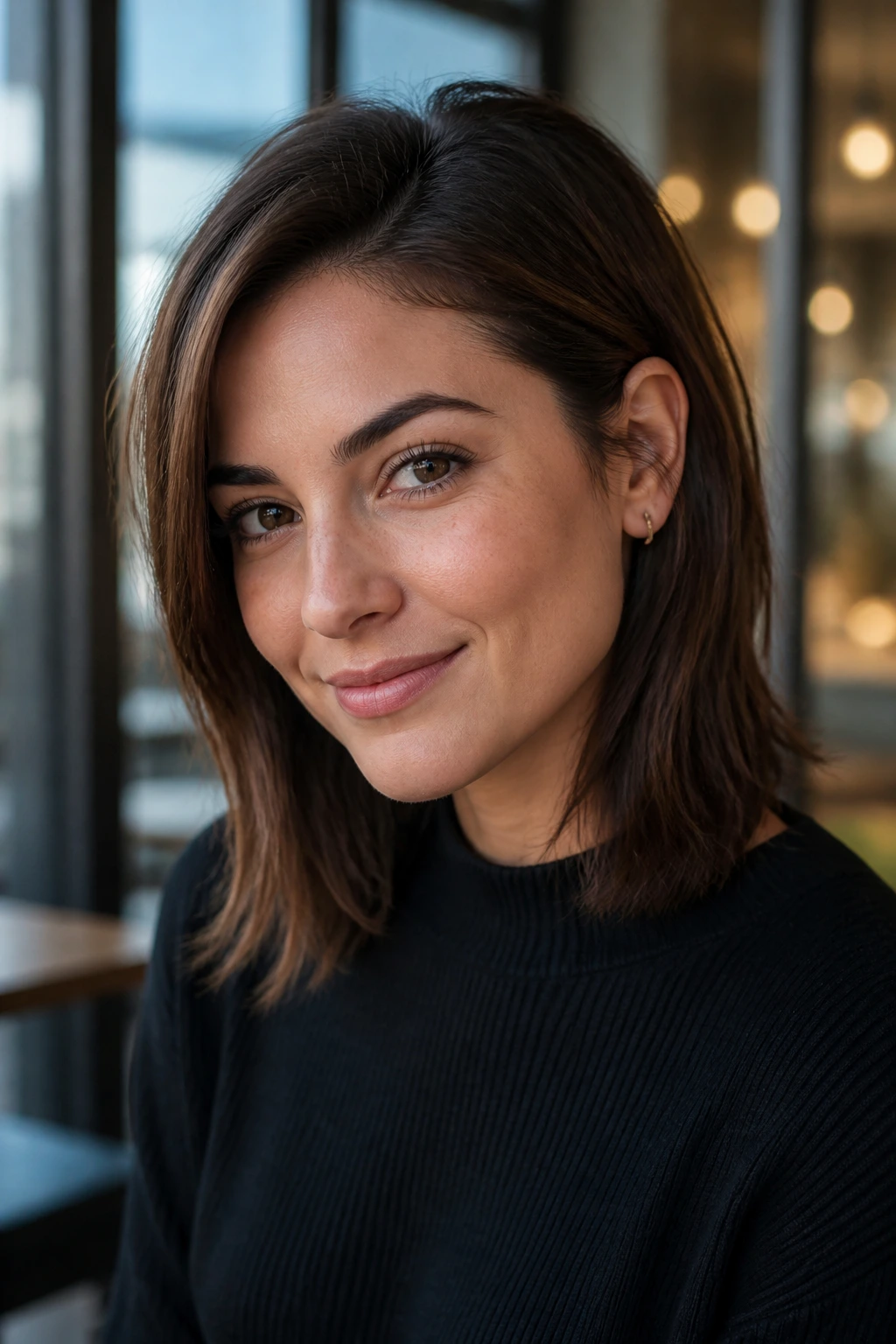 Close-up of a woman with lob shag and tucked front pieces.