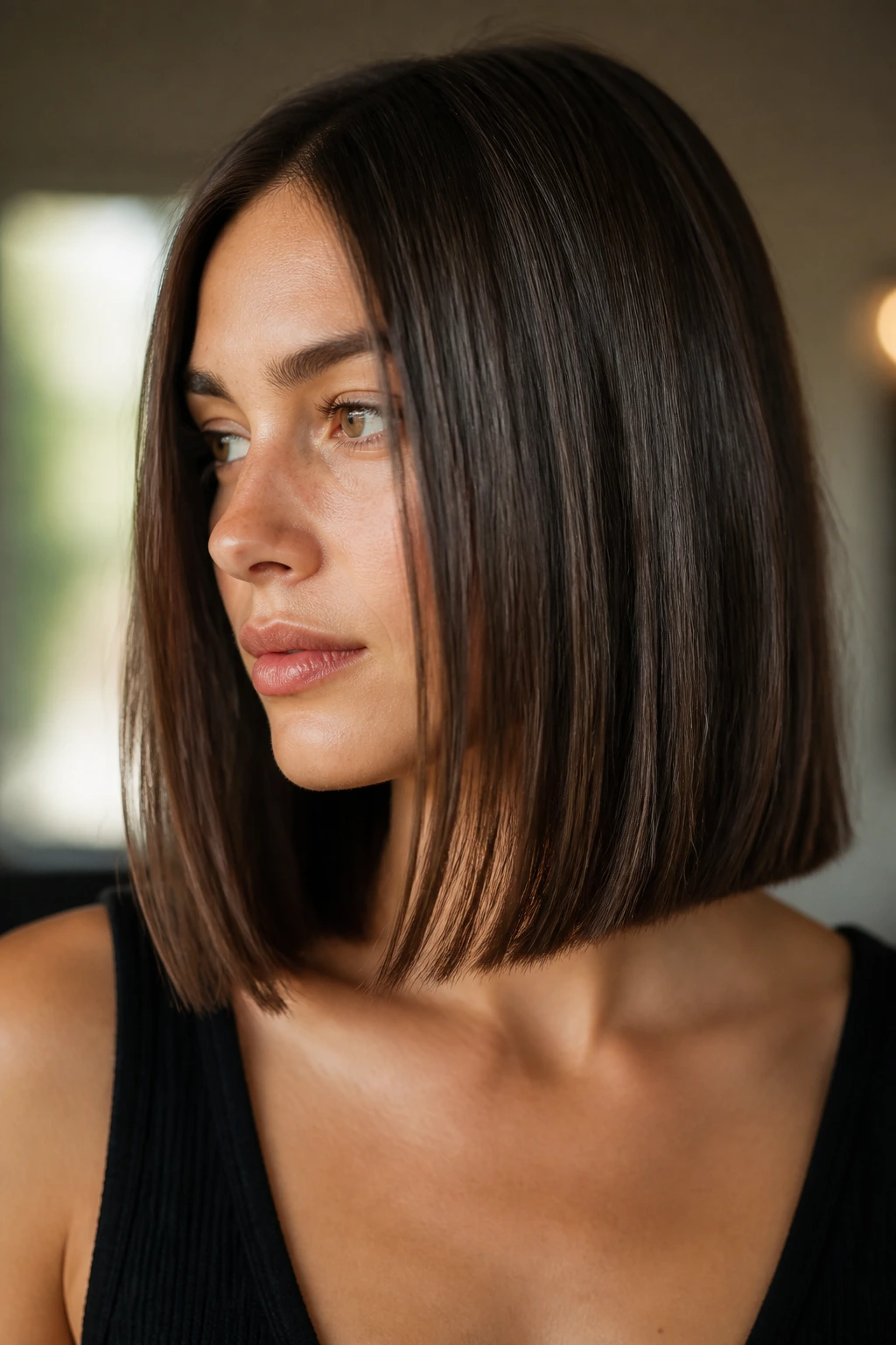 Portrait of a woman with a well-defined lob shape and crisp line
