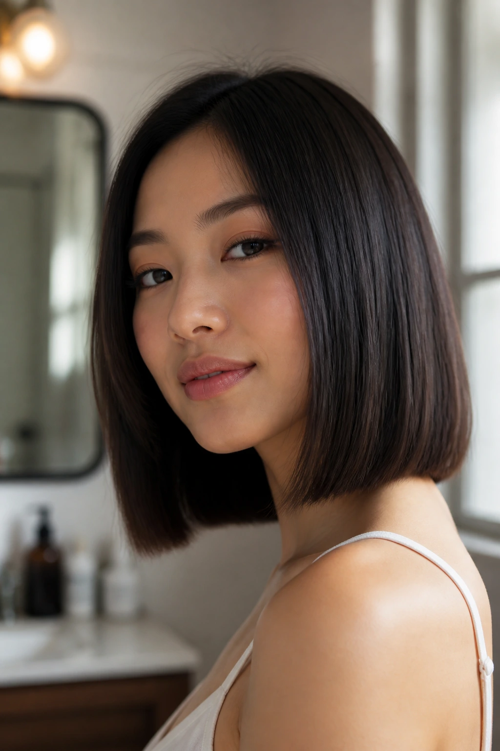 Close-up portrait of a woman with a crisp lob hairstyle maintaining its shape in a bathroom setting