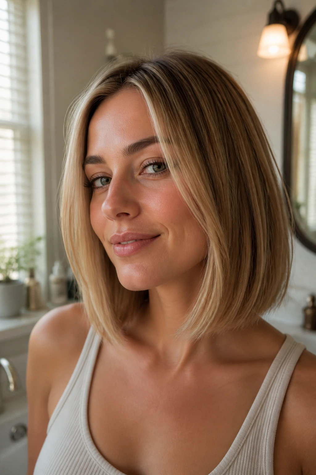 Close-up of a real woman's lob shape with crisp perimeter and subtle layers in natural light