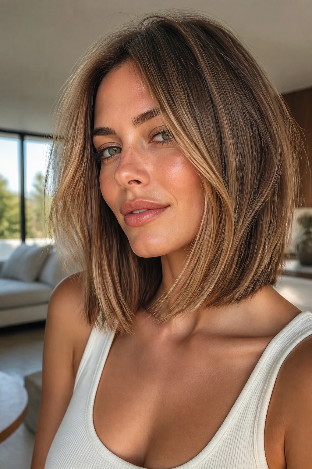 Portrait of a woman with a lob haircut showing its shape along jawline