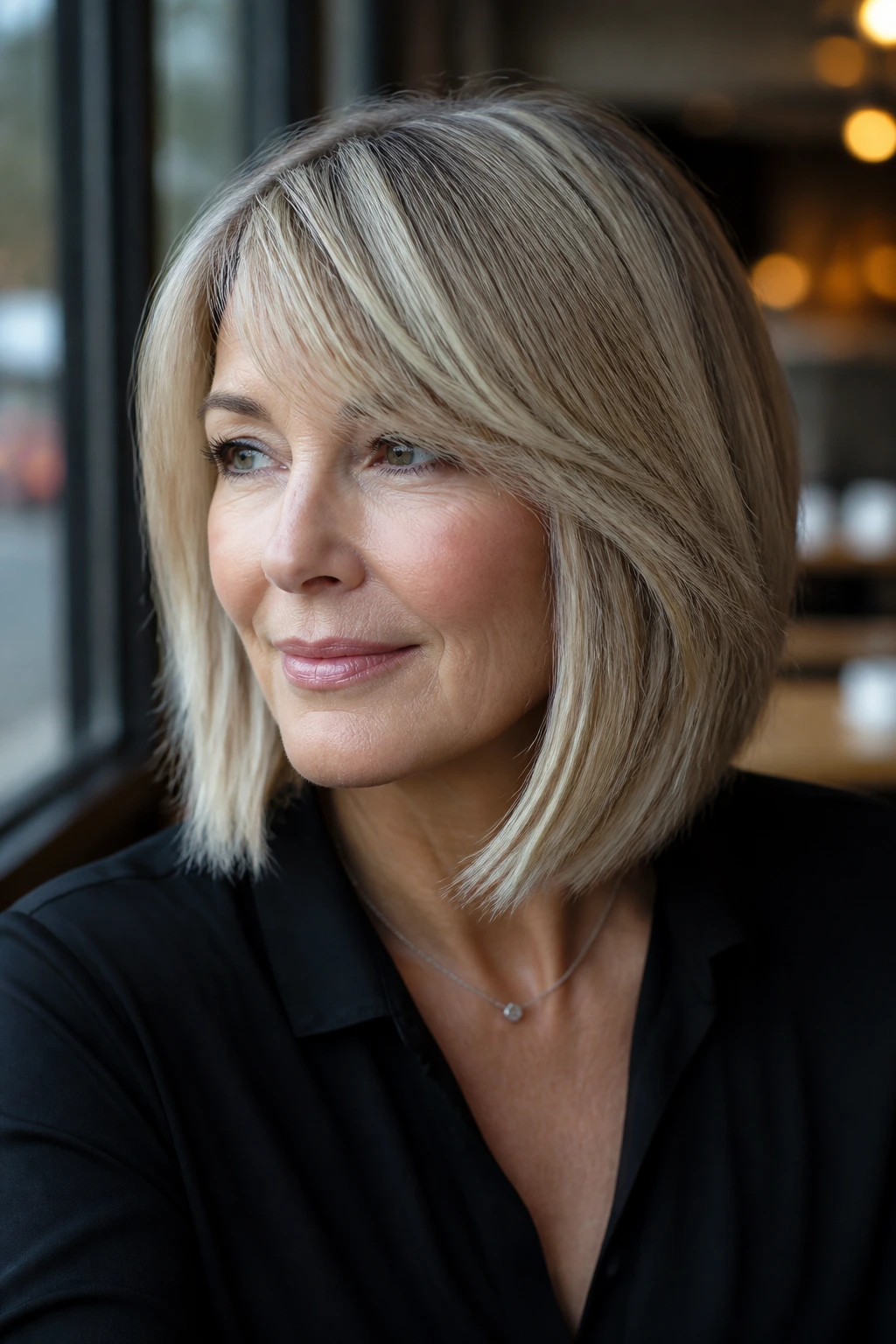 Close-up of a real woman with a lob and sweeping side bangs in warm window light