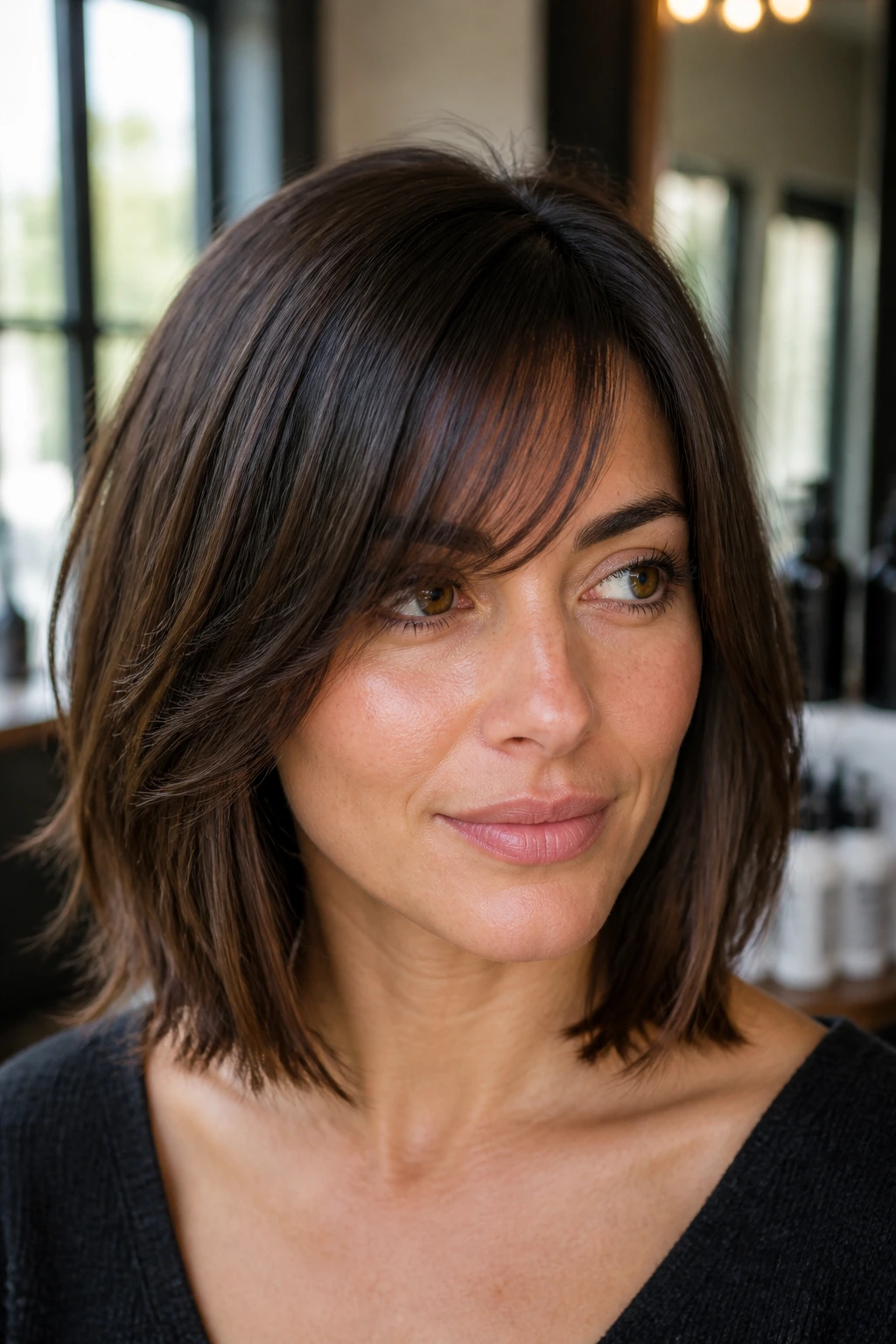 Close-up of a real woman with a shoulder-length lob and side-swept fringe at collarbone level.