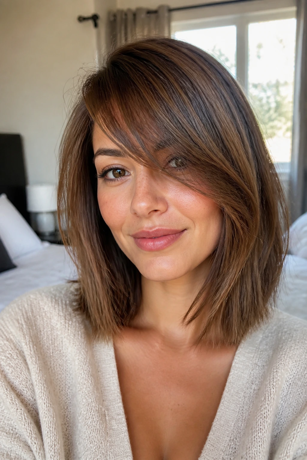 Close-up portrait of a person with a lob haircut and diagonal side bangs in a softly lit bedroom