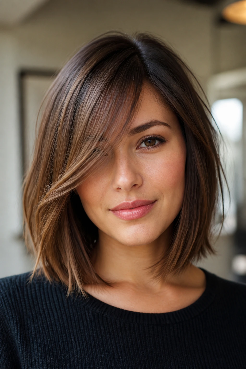 Close-up portrait of a real woman showcasing lob with side bangs shape