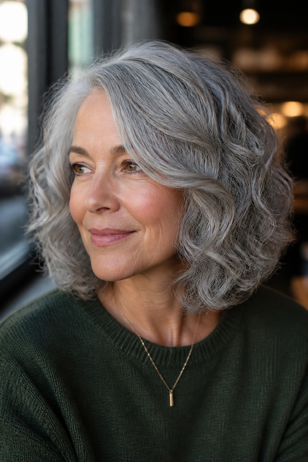 Close-up portrait of woman with shoulder-length lob and side-sweep gray curls
