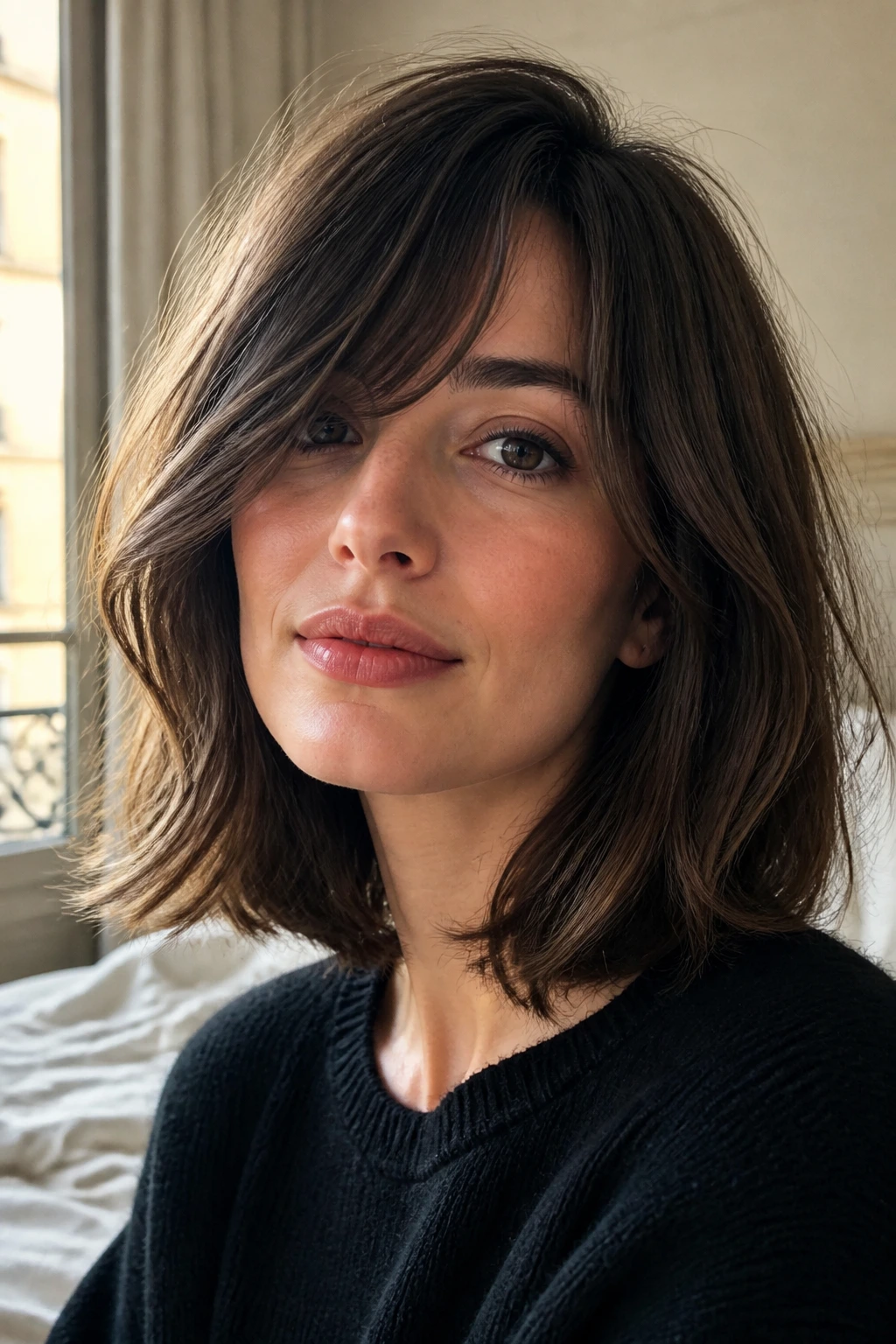 Close-up portrait of a real person with a soft jaw-length lob and side-swept fringe, natural window light.
