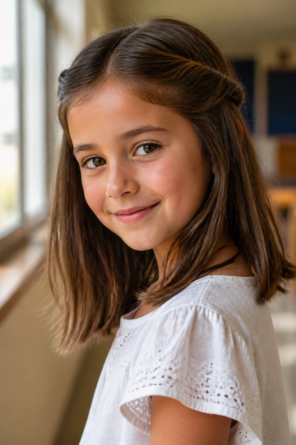 Portrait of a girl with a lob and side twists pinned at the temples