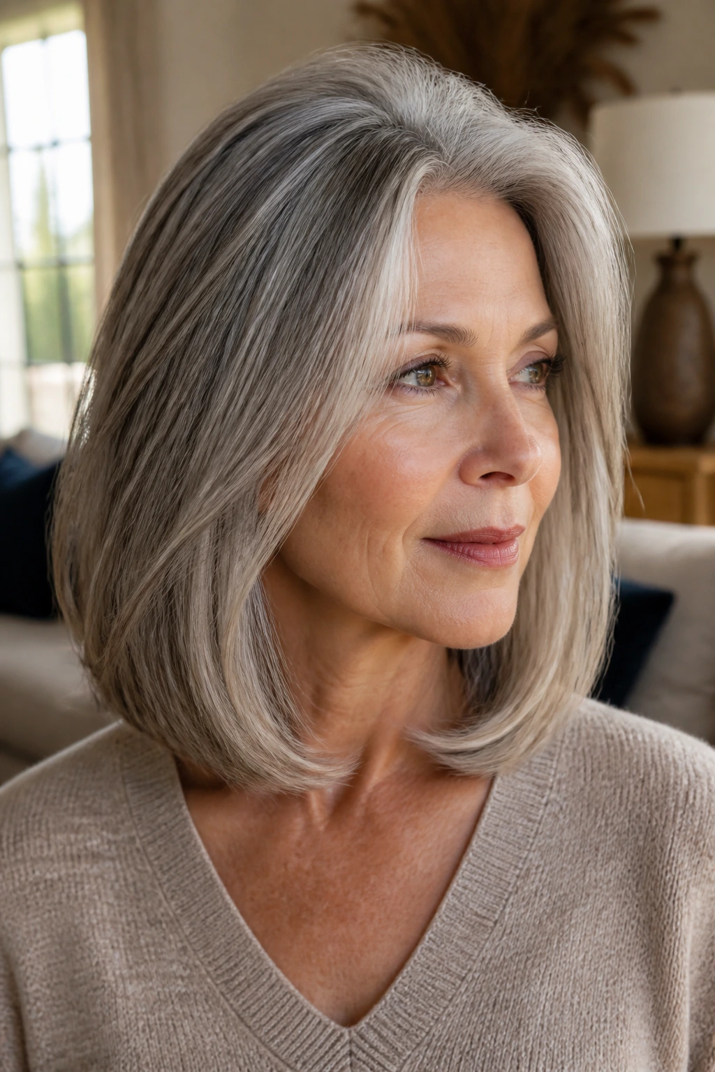 Close-up of an older woman with a long bob showing crown lift and face-framing ends in natural window light.