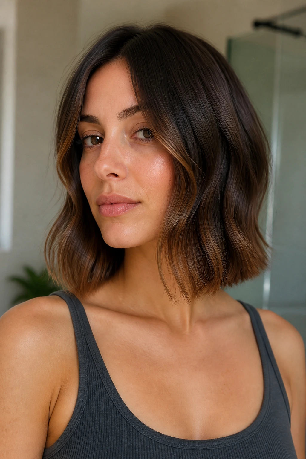 Portrait of a real woman with lob showing gentle bend at ends in a home setting.