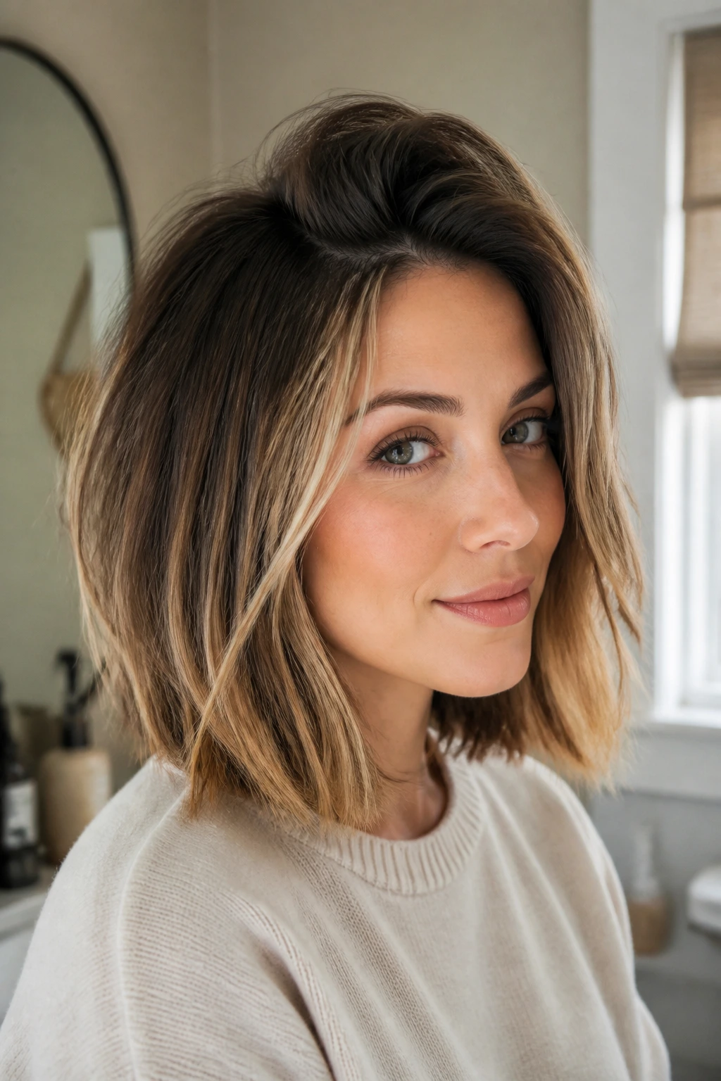 Portrait of a real woman with a full-looking lob and lifted roots.