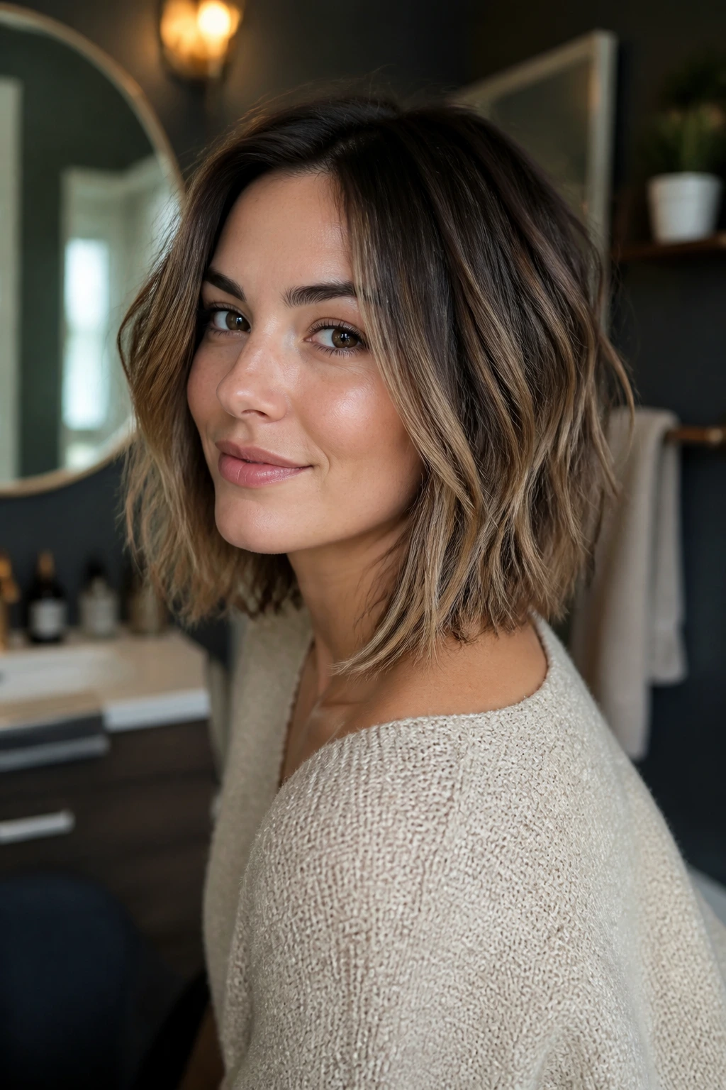 Portrait of a woman with a lob hairstyle showing the front shape and texture.
