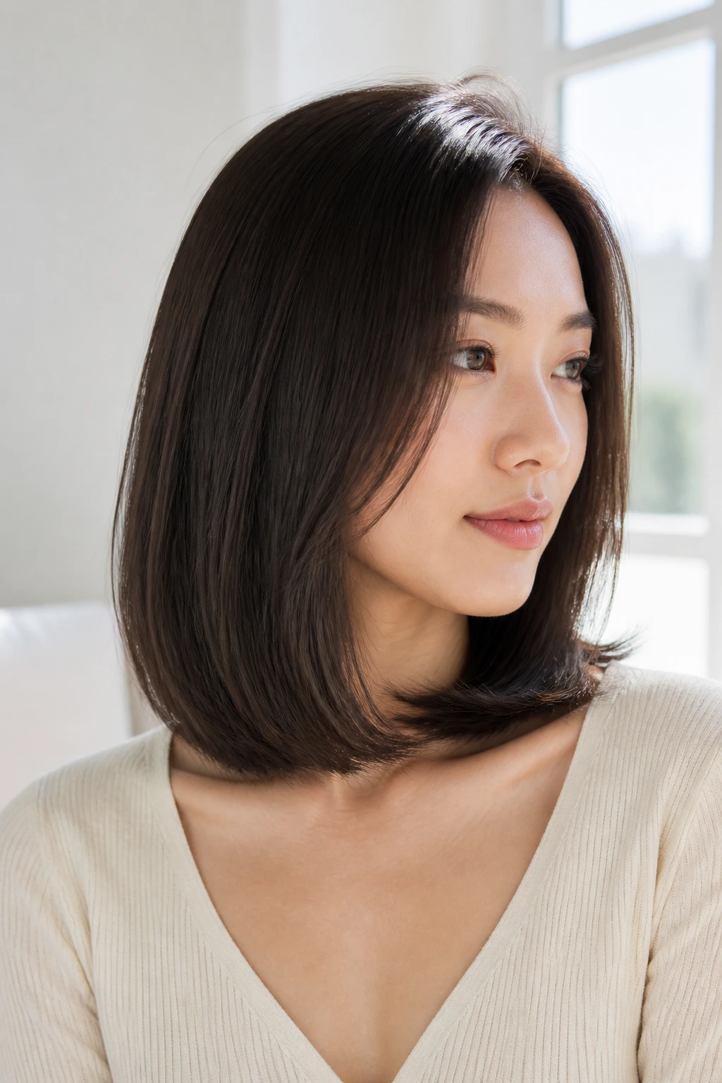 Portrait of a woman with a sleek lob showing a subtle bend