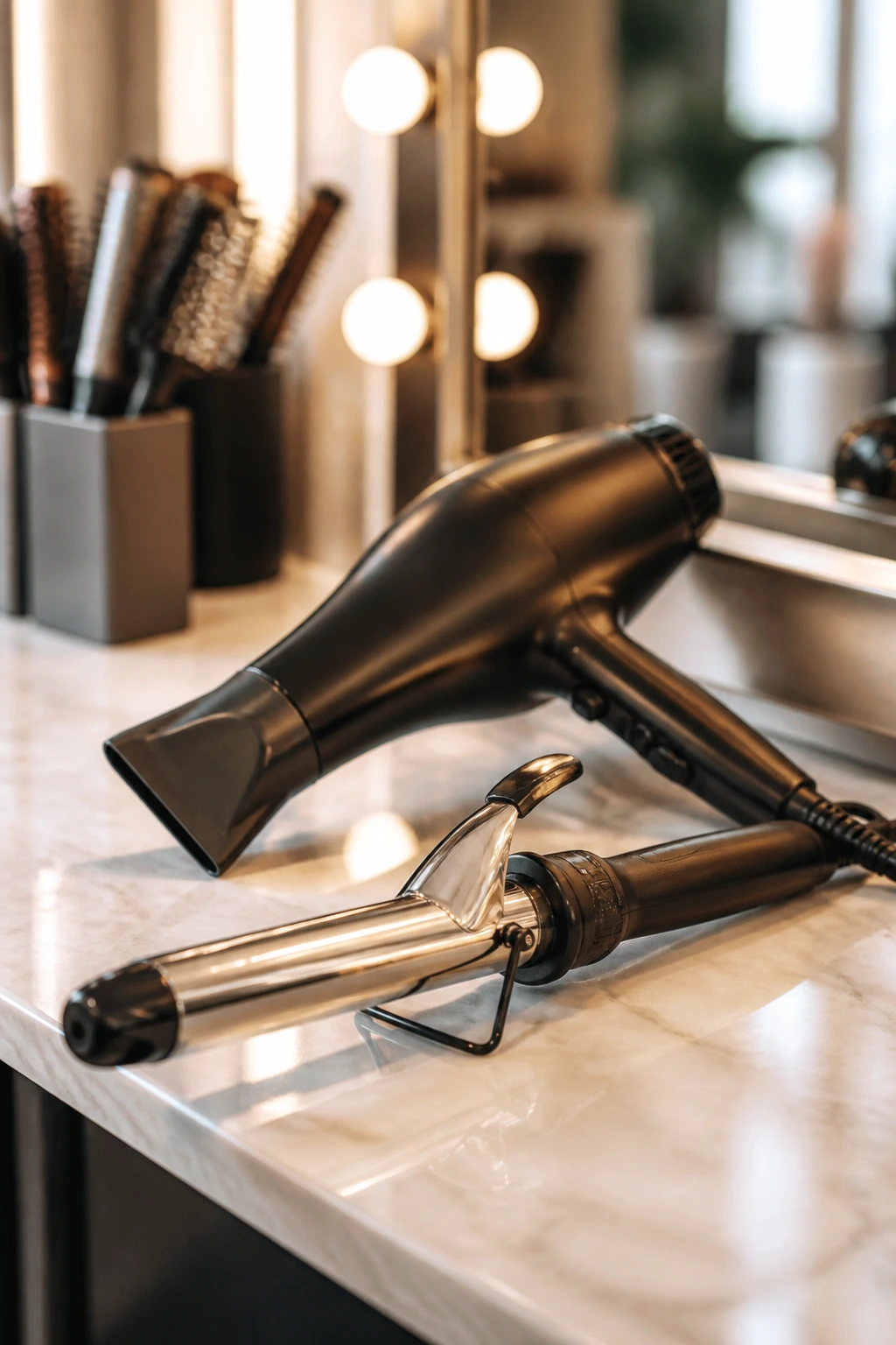 Close-up of curling iron and nozzle dryer on vanity for lob styling