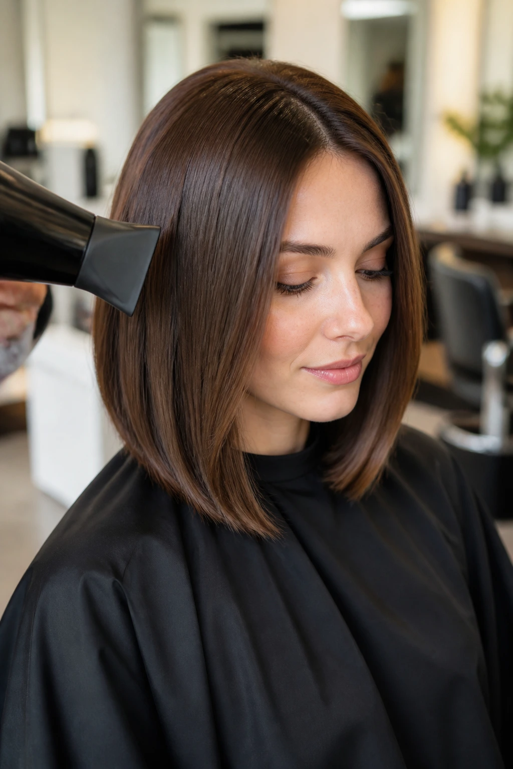 Real woman with sleek lob during in-salon styling