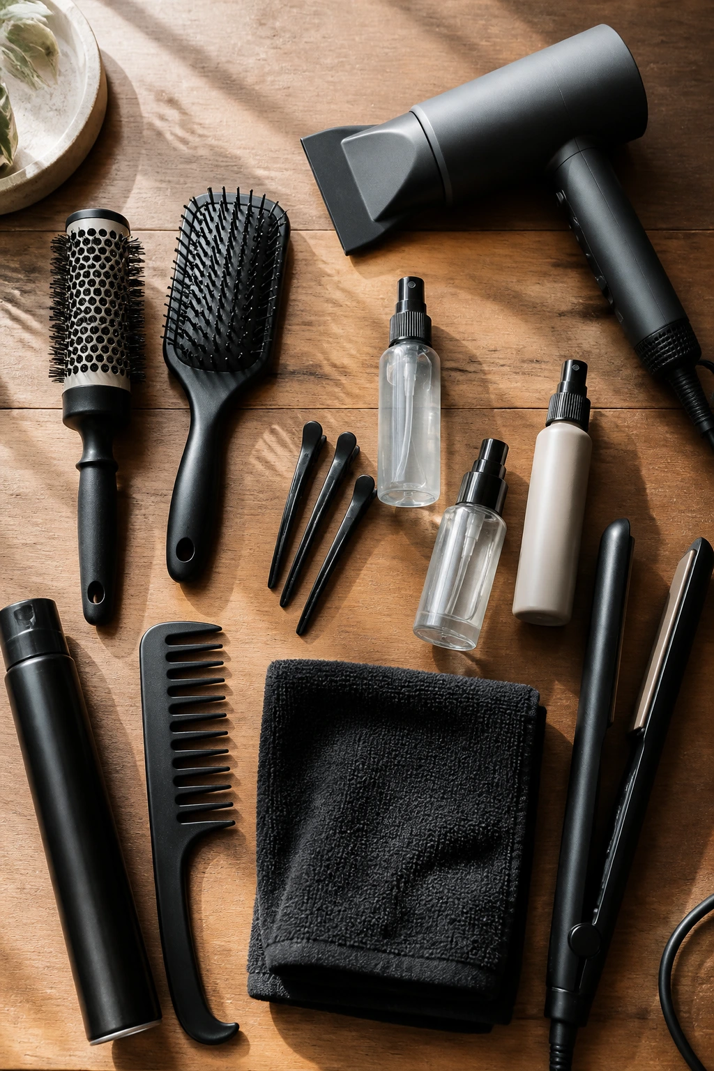 Flat lay of hair styling tools and products for thick hair on a vanity