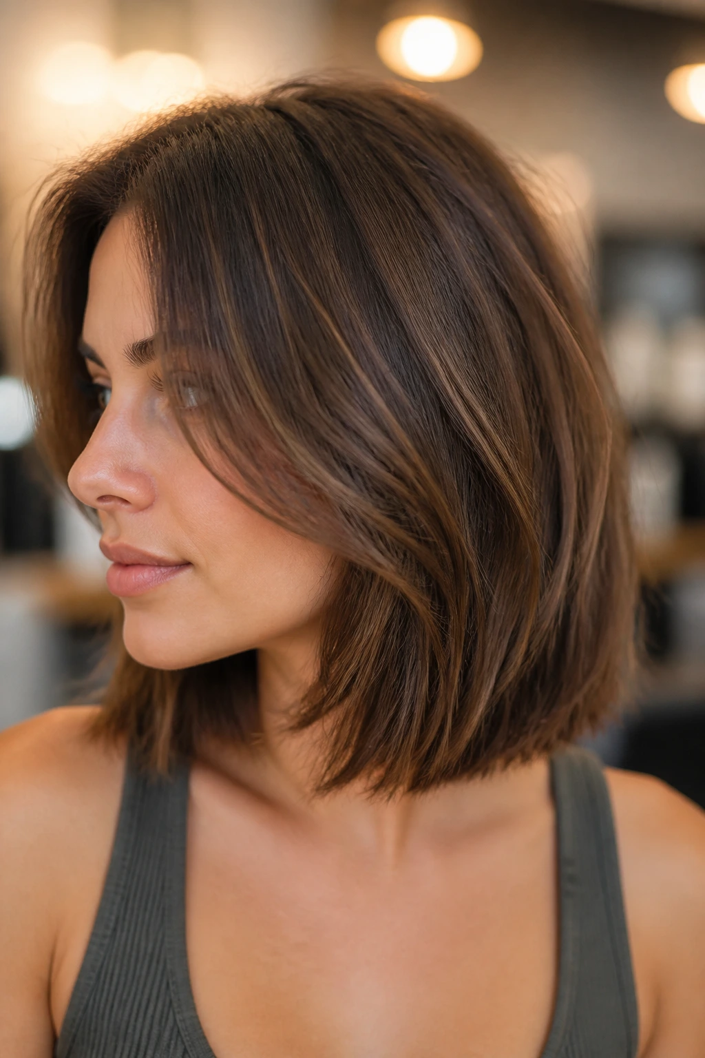 Woman with lob haircut in salon ready for first snip