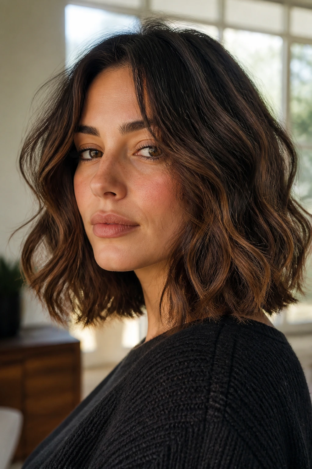 Close-up of a real woman with a balanced lob on thick, wavy hair in window light