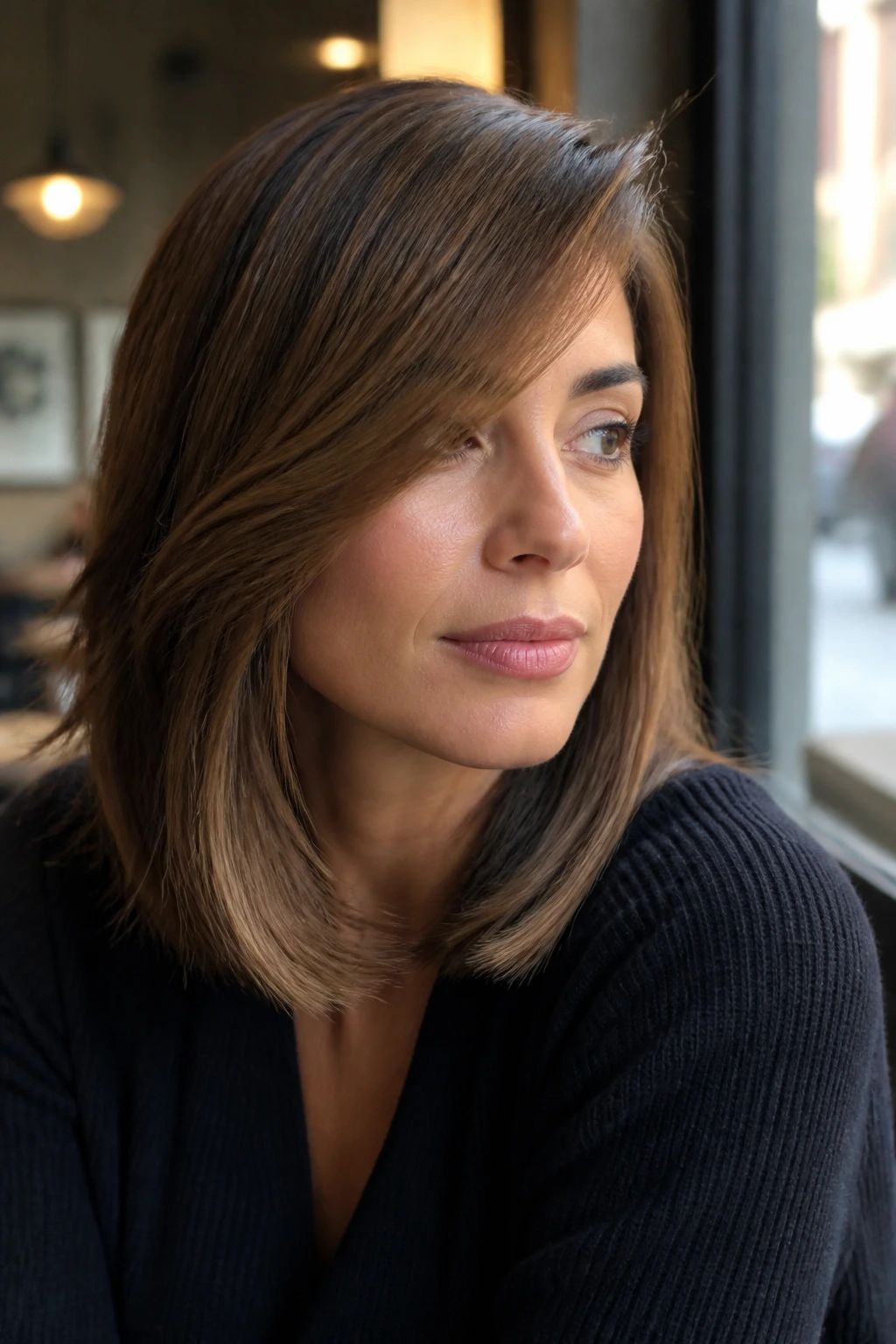 Portrait of a woman with swoopy side fringe and a lob