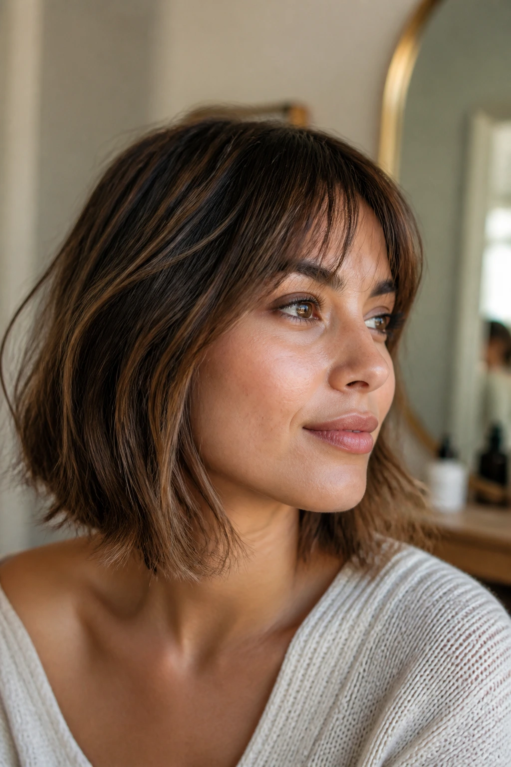Real-person portrait showing a lob with subtle texture and bend against a warm vanity setting.