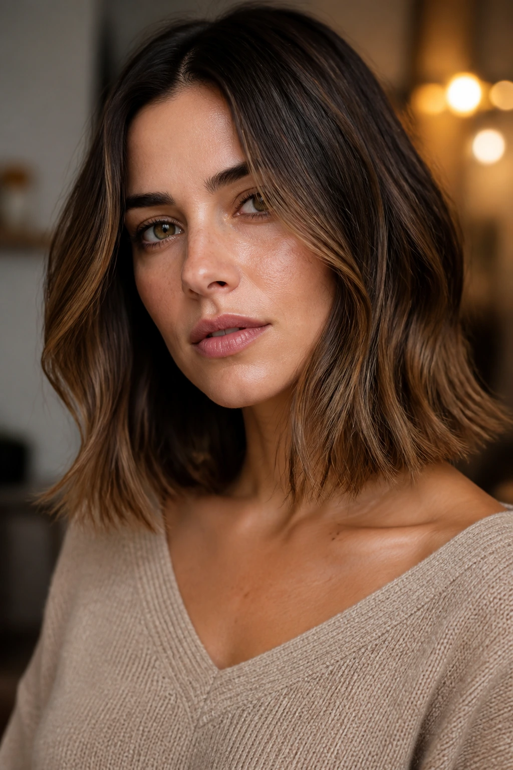 Portrait of real woman with lob showing subtle texture and shine at the ends.