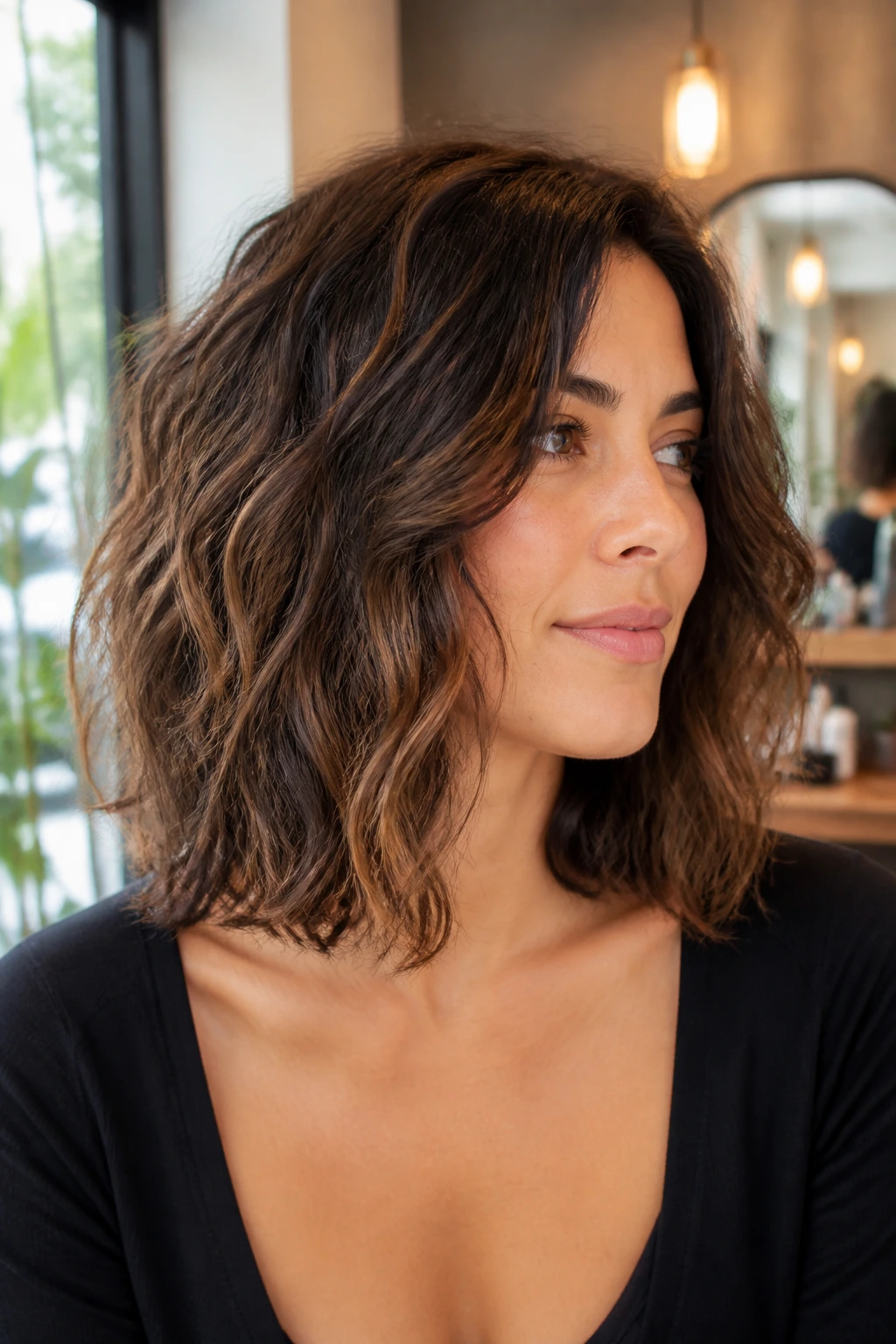 Close-up portrait of a woman with a thick, wavy lob at collarbone length in natural light
