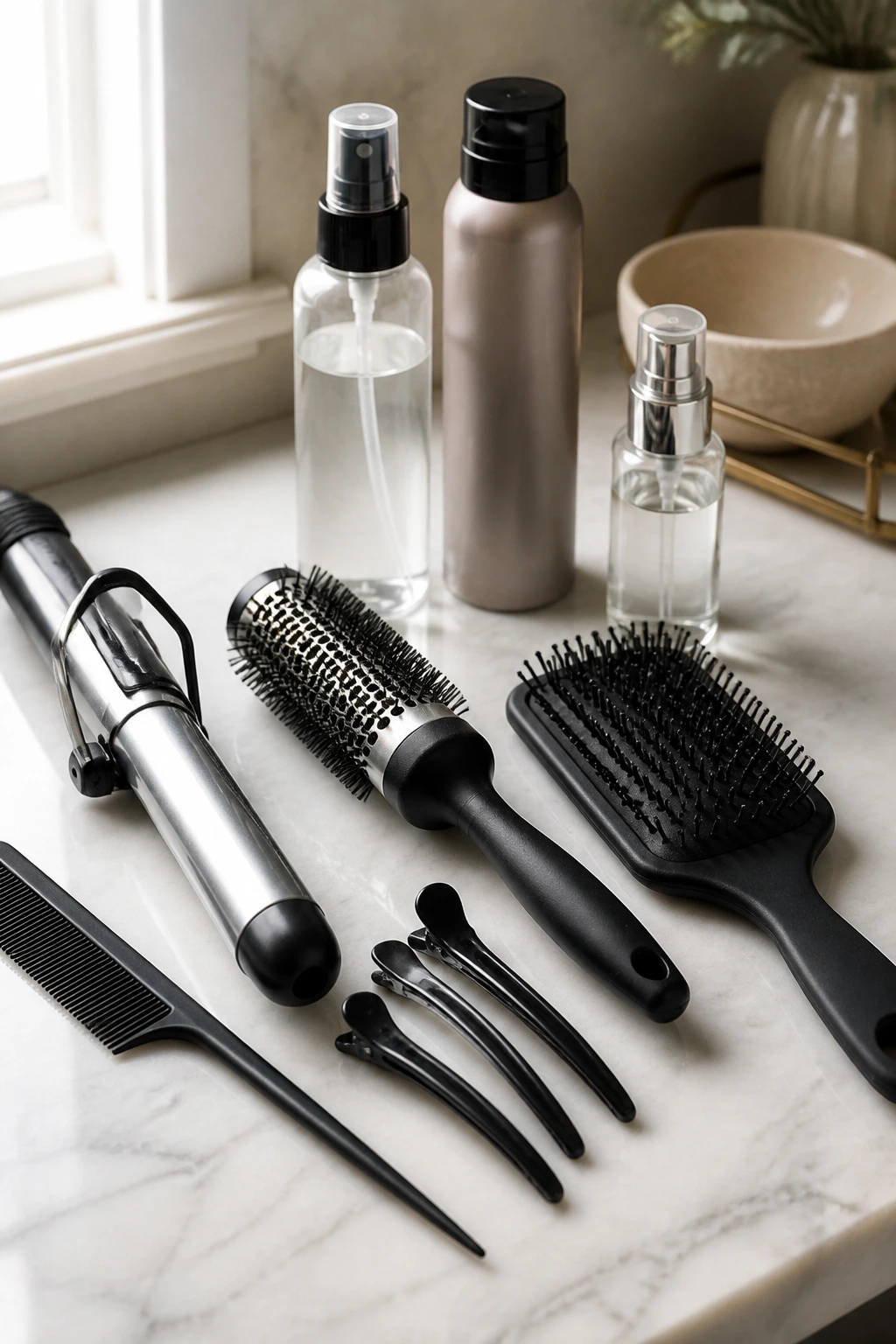 Close-up of lob styling tools on a marble counter: combs, clips, spray, mousse