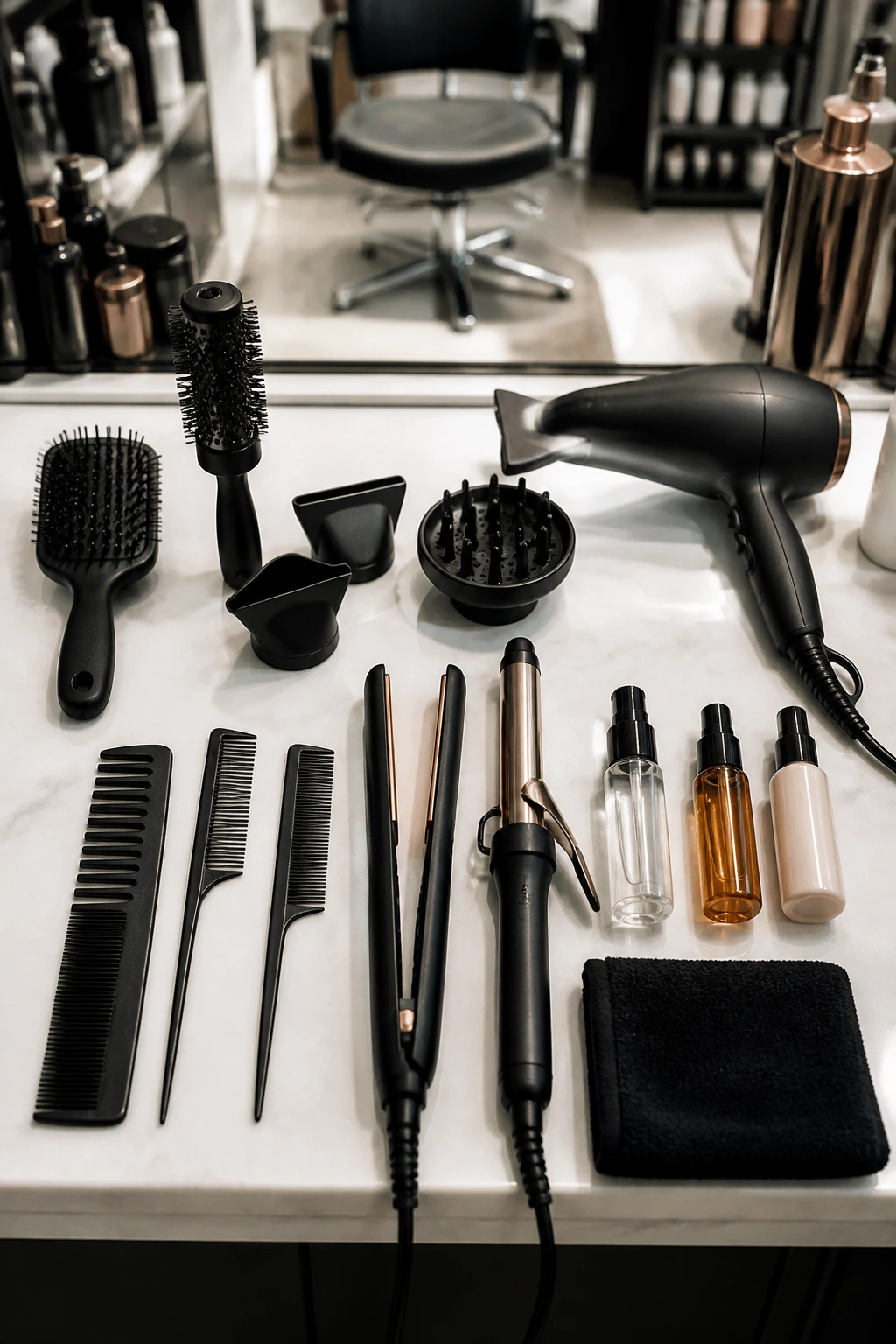Top-down still life of styling tools arranged neatly on a salon vanity