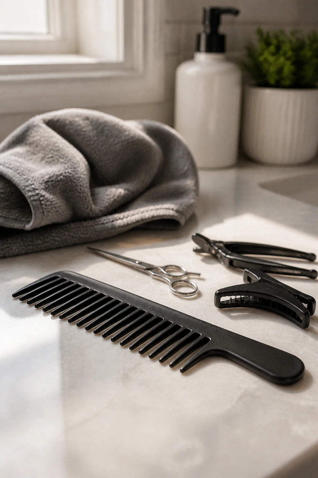 Close-up of essential lob styling tools on a bathroom counter, wide-tooth comb in focus