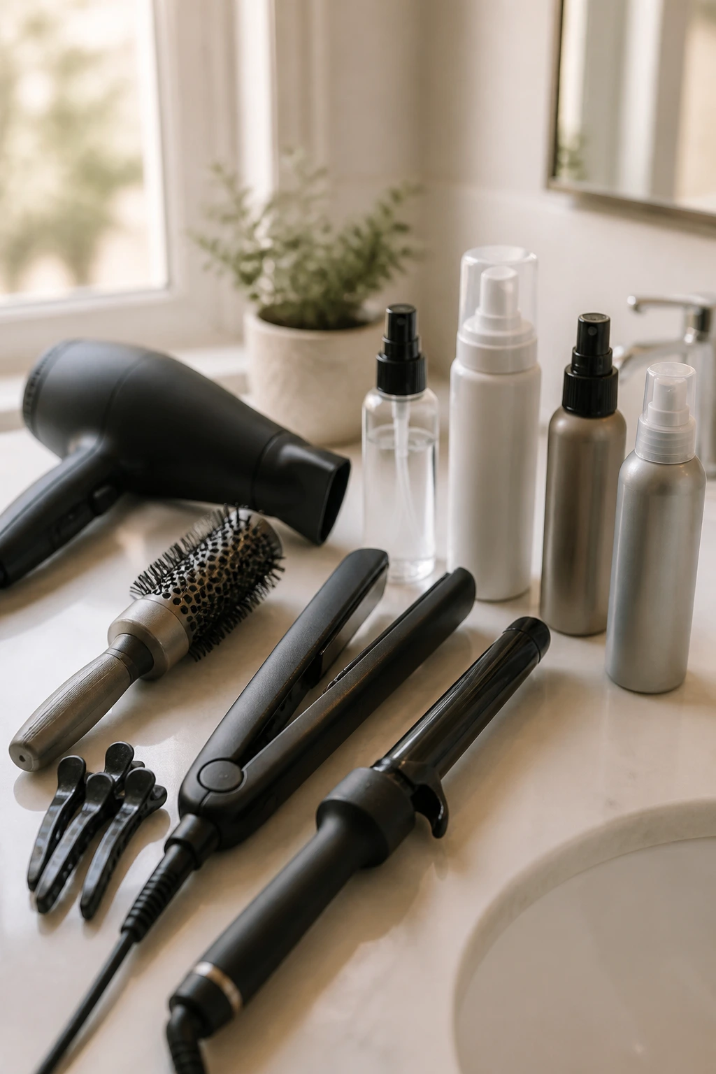 Close-up of essential lob-styling tools on a bathroom counter
