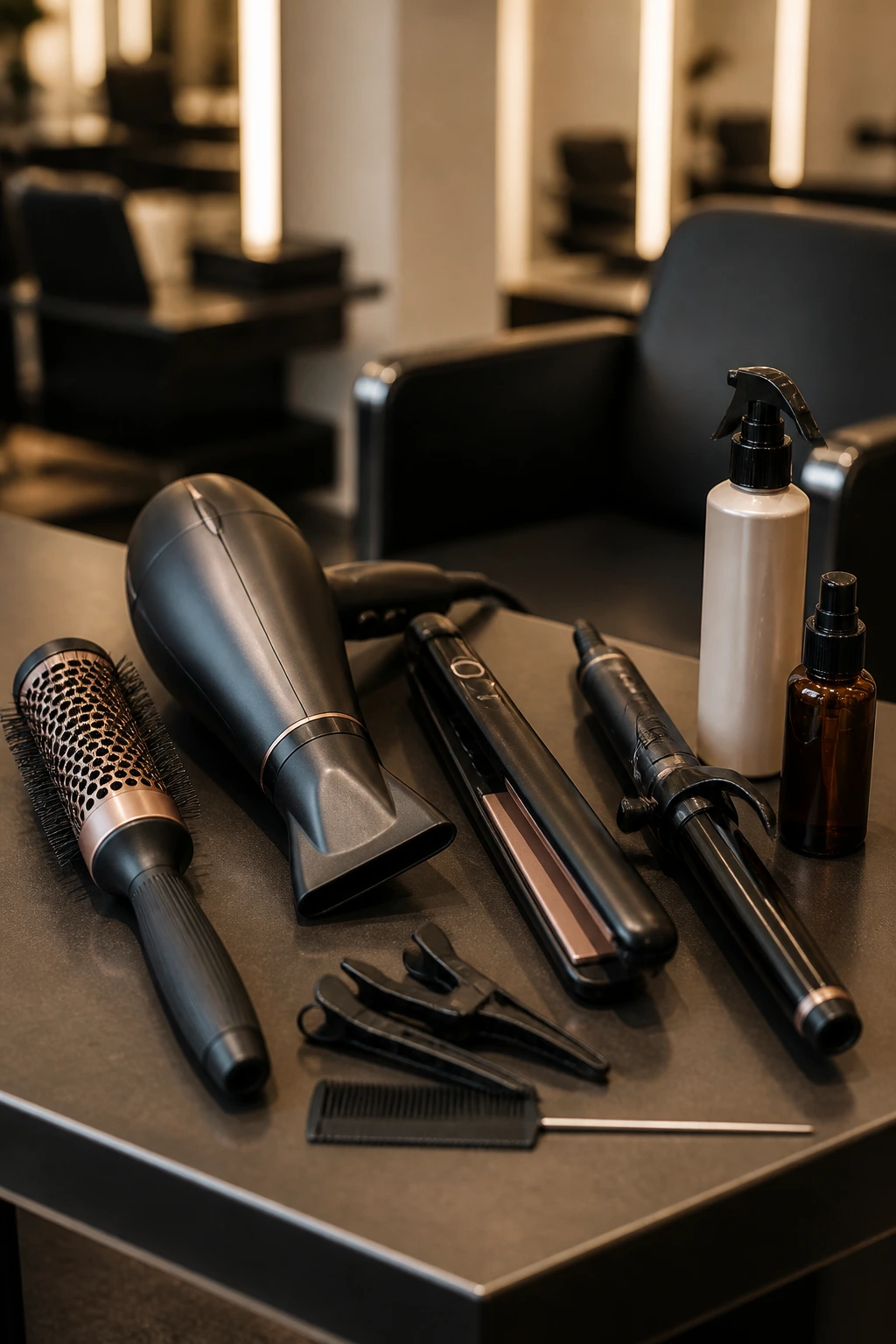 Close-up view of hair styling tools on a salon counter ready for lob grooming