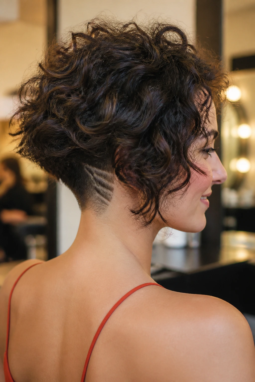 Real woman with shoulder-length lob and visible undercut at the nape