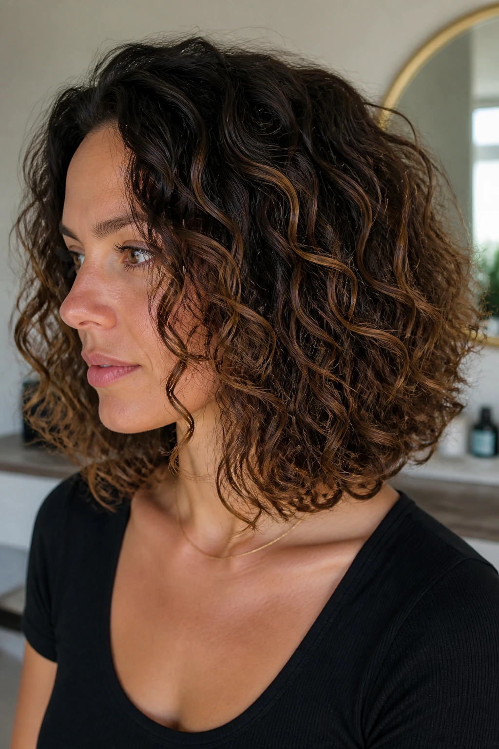 Close-up of a real woman with a long bob showing underlayer removal for lighter interior