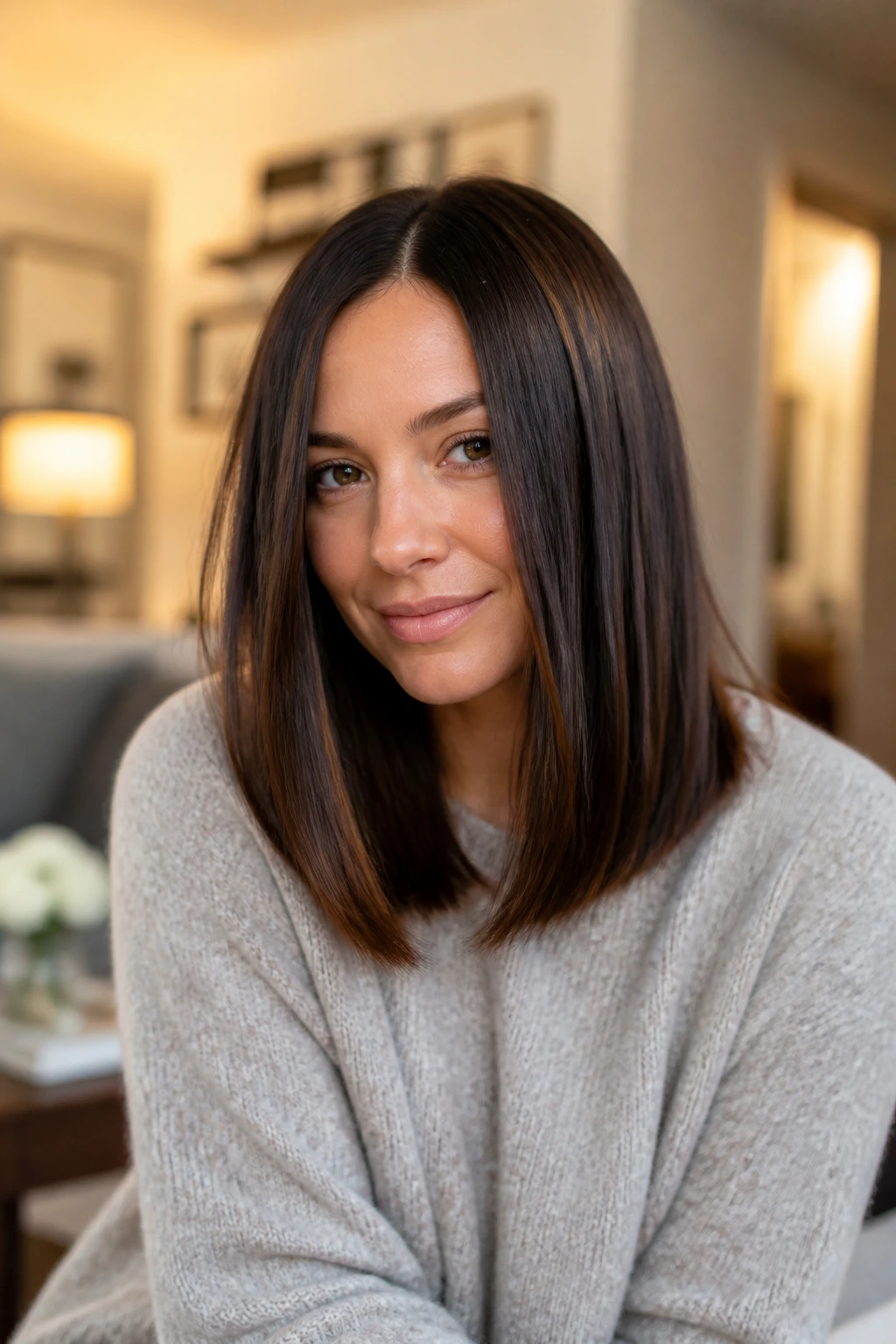Person with a sleek lob featuring a center part and soft bend.
