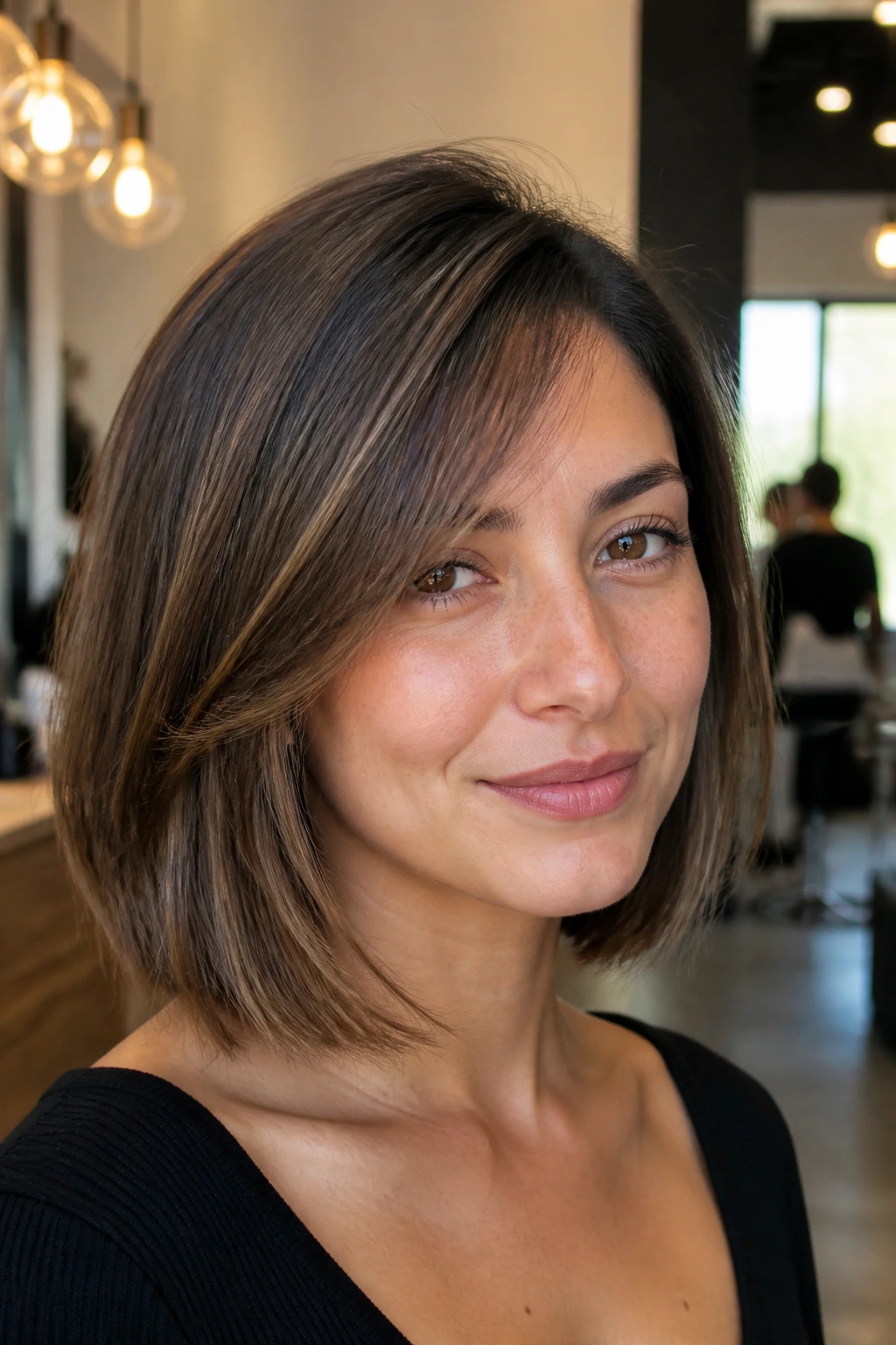 Portrait of a real woman with a collarbone-length lob and side-part variation