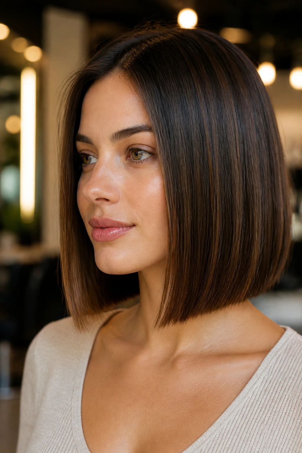 Close-up portrait of a real woman with a blunt lob and thicker-looking ends in a warm salon setting
