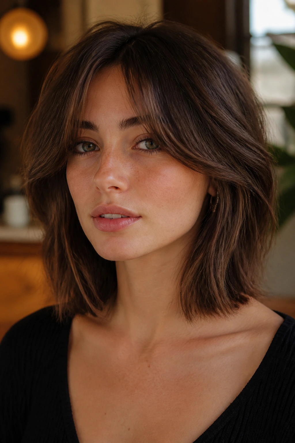 Portrait of a real person with Soft Curtain Lob showing curtain bangs