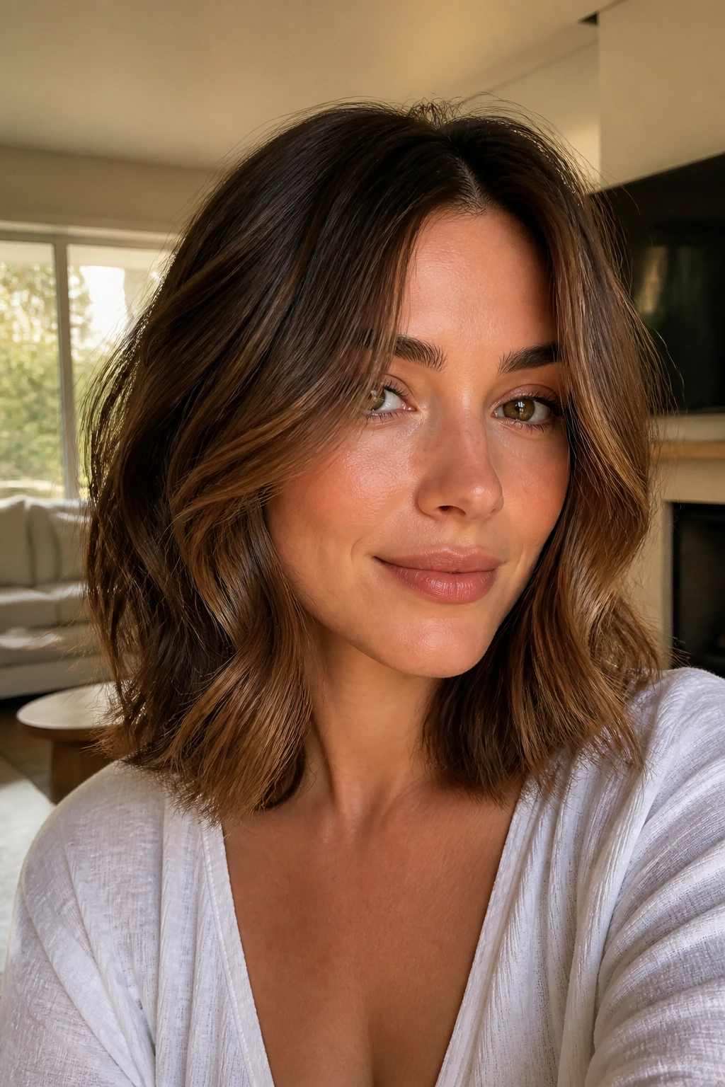 Portrait of a real woman with a soft, finished collarbone-length lob and subtle bend