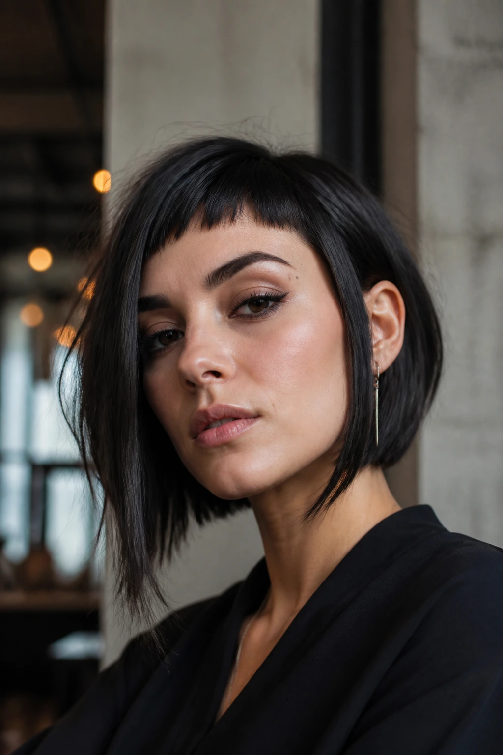 Portrait of a person with an edgy asymmetrical lob and micro-fringe