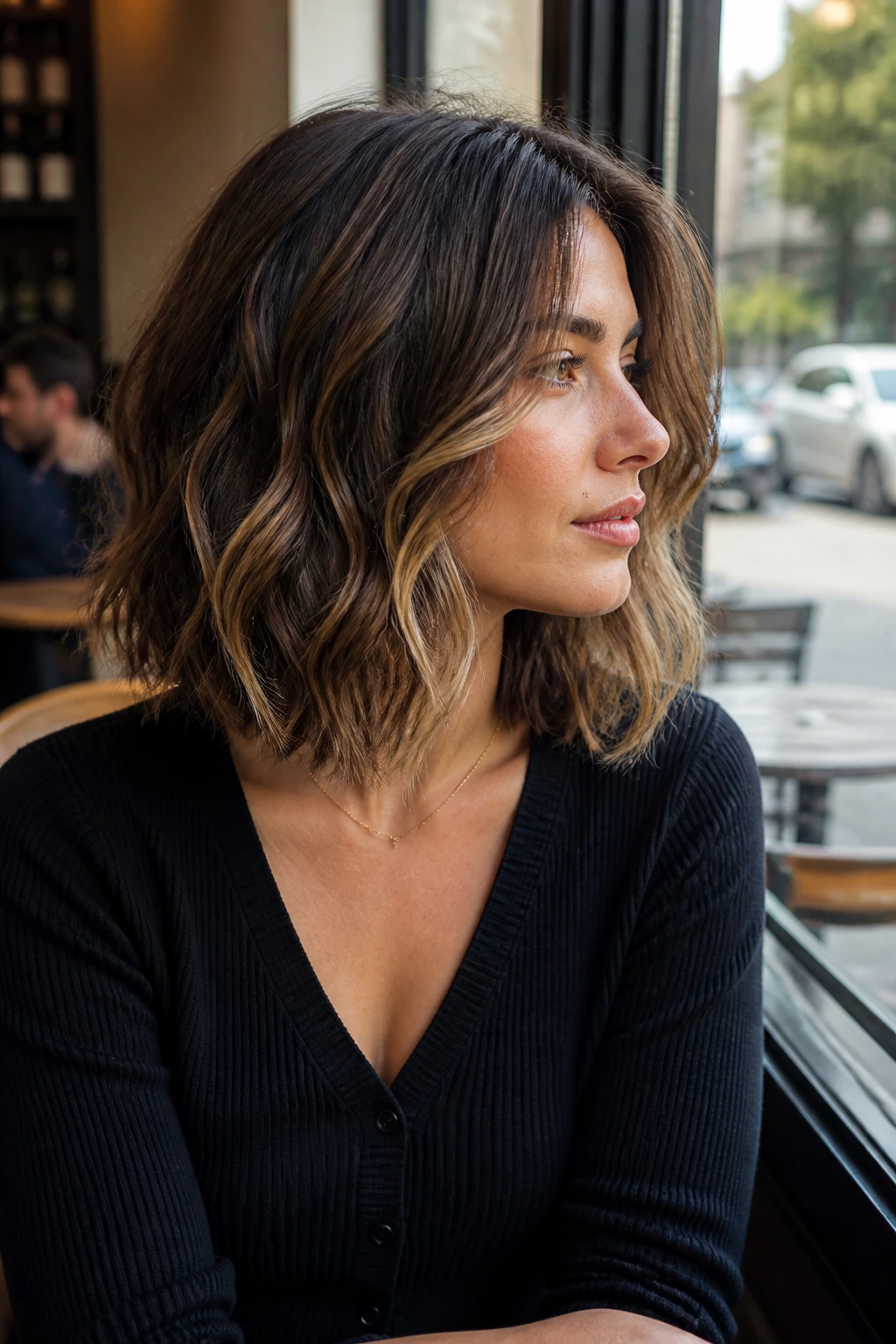 Portrait of a real person with a movement-friendly lob showing soft waves.